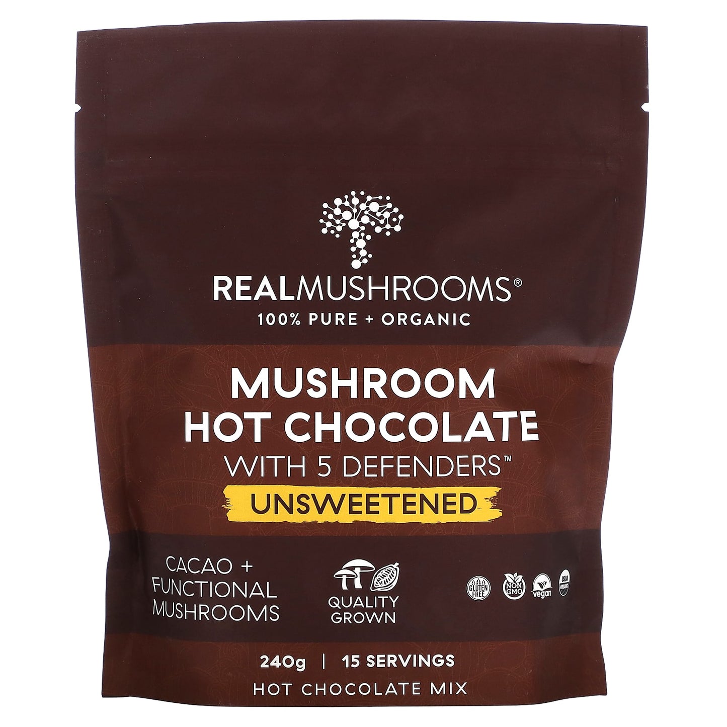 Real Mushrooms-Mushroom Hot Chocolate with 5 Defenders-Unsweetened-240 g