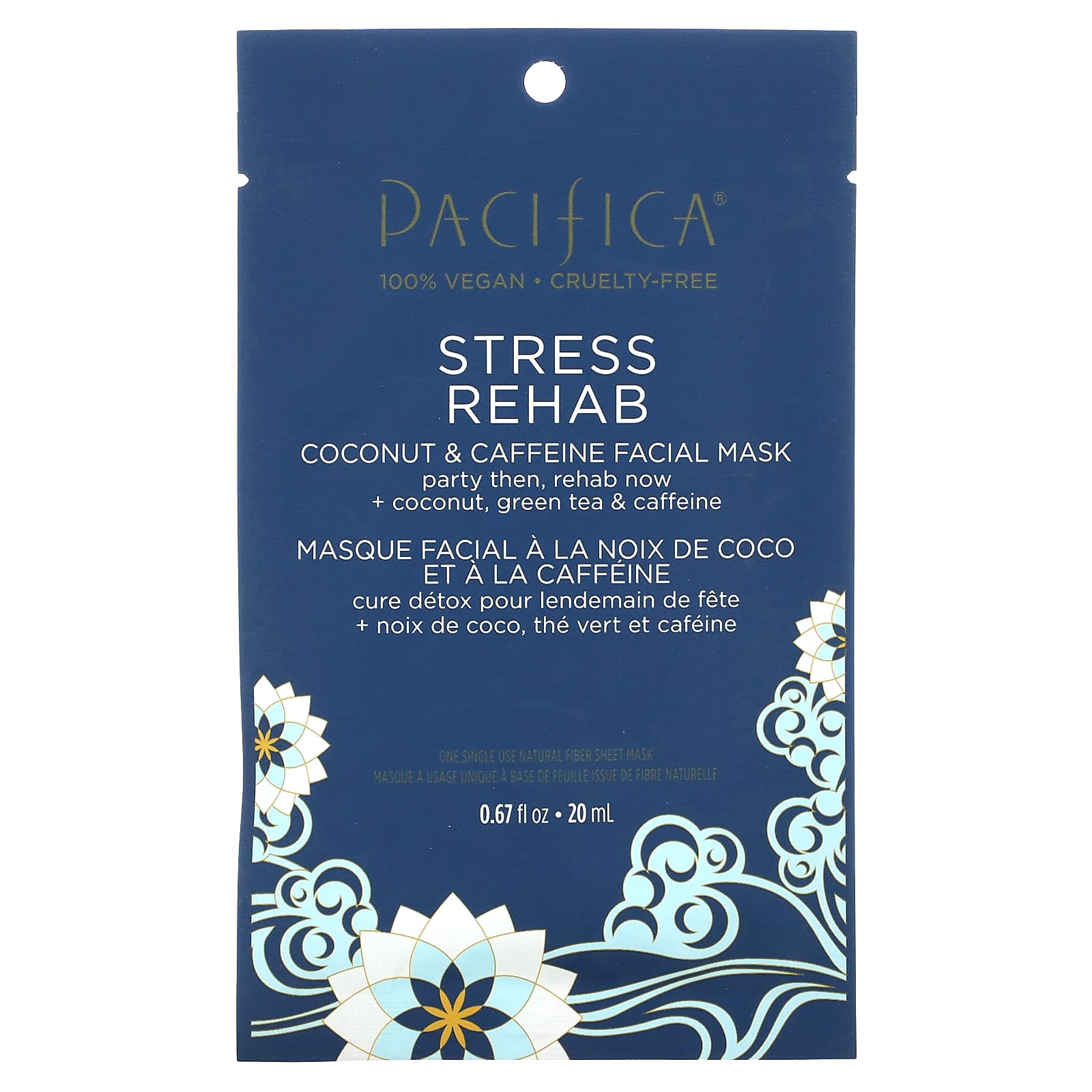 Pacifica-Stress Rehab-Coconut & Caffeine Beauty Facial Mask -1 Sheet Mask-0.67 fl oz (20 ml)