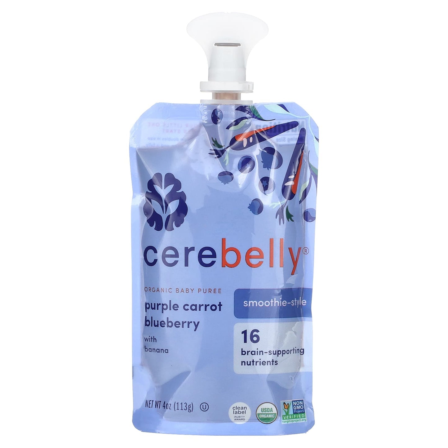 Cerebelly-Organic Baby Puree-Smoothie-Style-Purple Carrot Blueberry with Banana-4 oz (113 g)