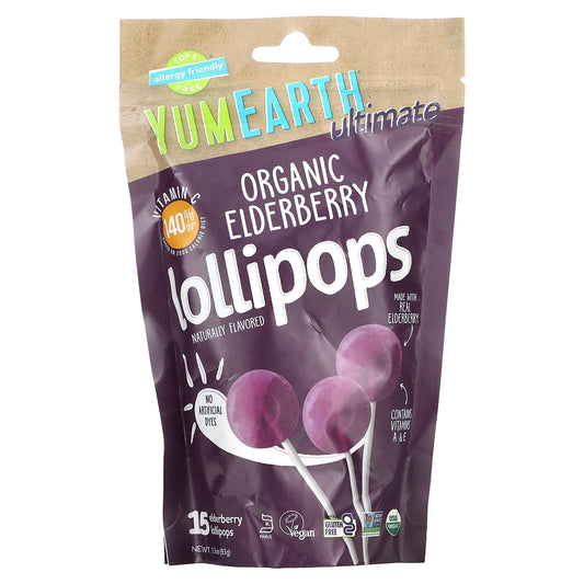 YumEarth-Ultimate-Organic Elderberry Lollipops-15 Lollipops-3.3 oz (93 g)