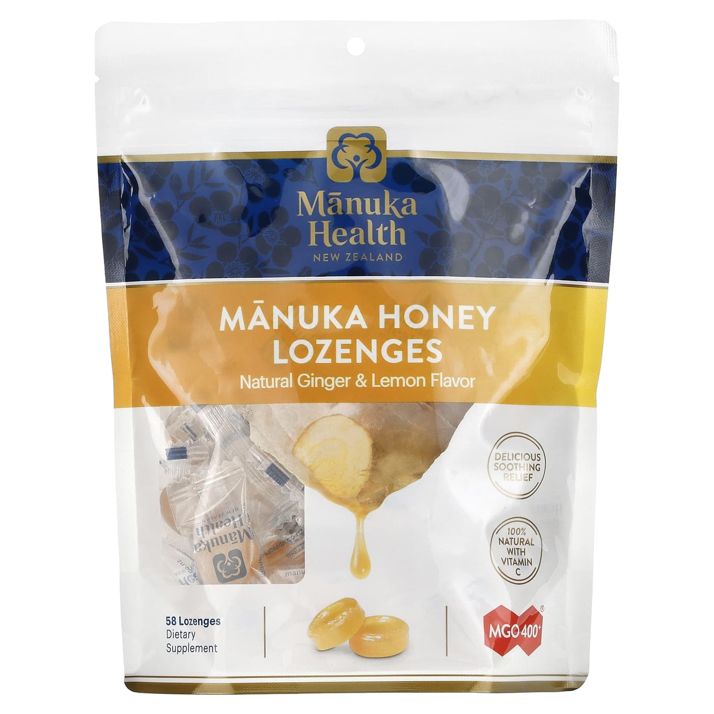 Manuka Health-Manuka Honey Lozenges-Natural Ginger & Lemon-58 Lozenges