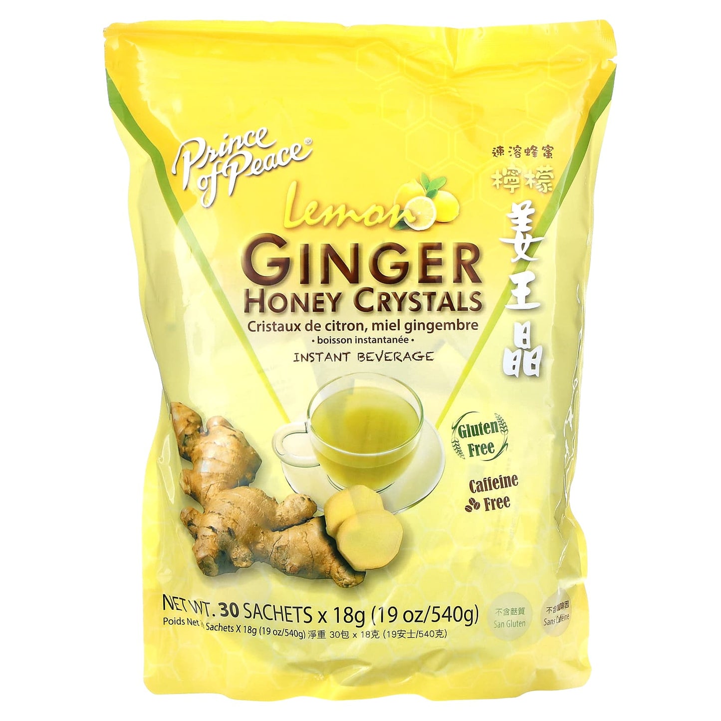 Prince of Peace-Ginger Honey Crystals-Lemon-Caffeine Free-30 Sachets-18 g Each