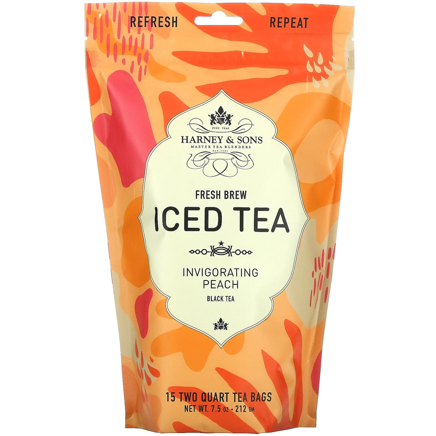 Harney & Sons-Fresh Brew Iced Tea-Black Tea-Invigorating Peach-15 Tea Bags-7.5 oz (212 g)