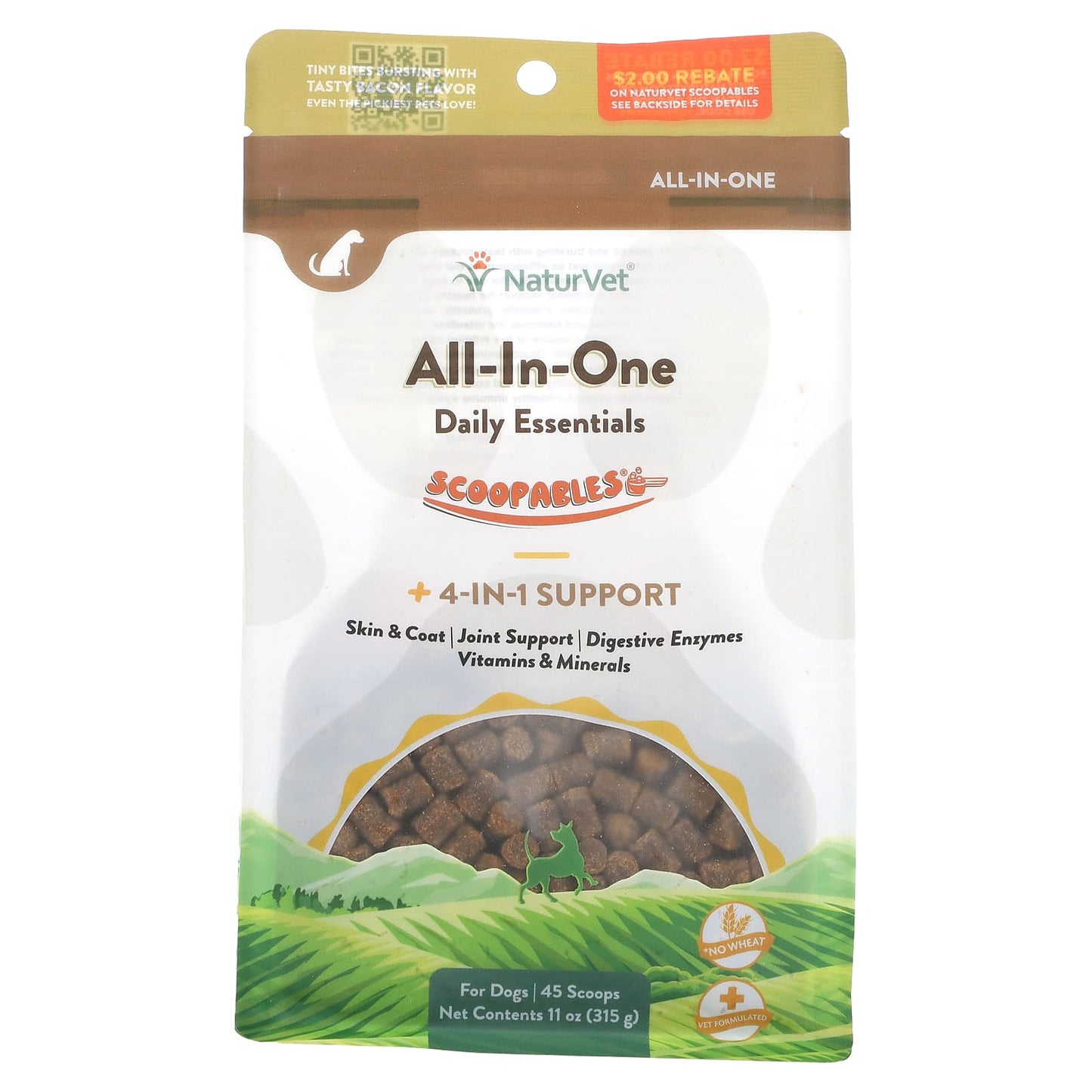 NaturVet-Scoopables All-In-One Daily Essentials-+ 4-In-1-Support-For Dogs-Bacon-45 Scoops-11 oz (315 g)