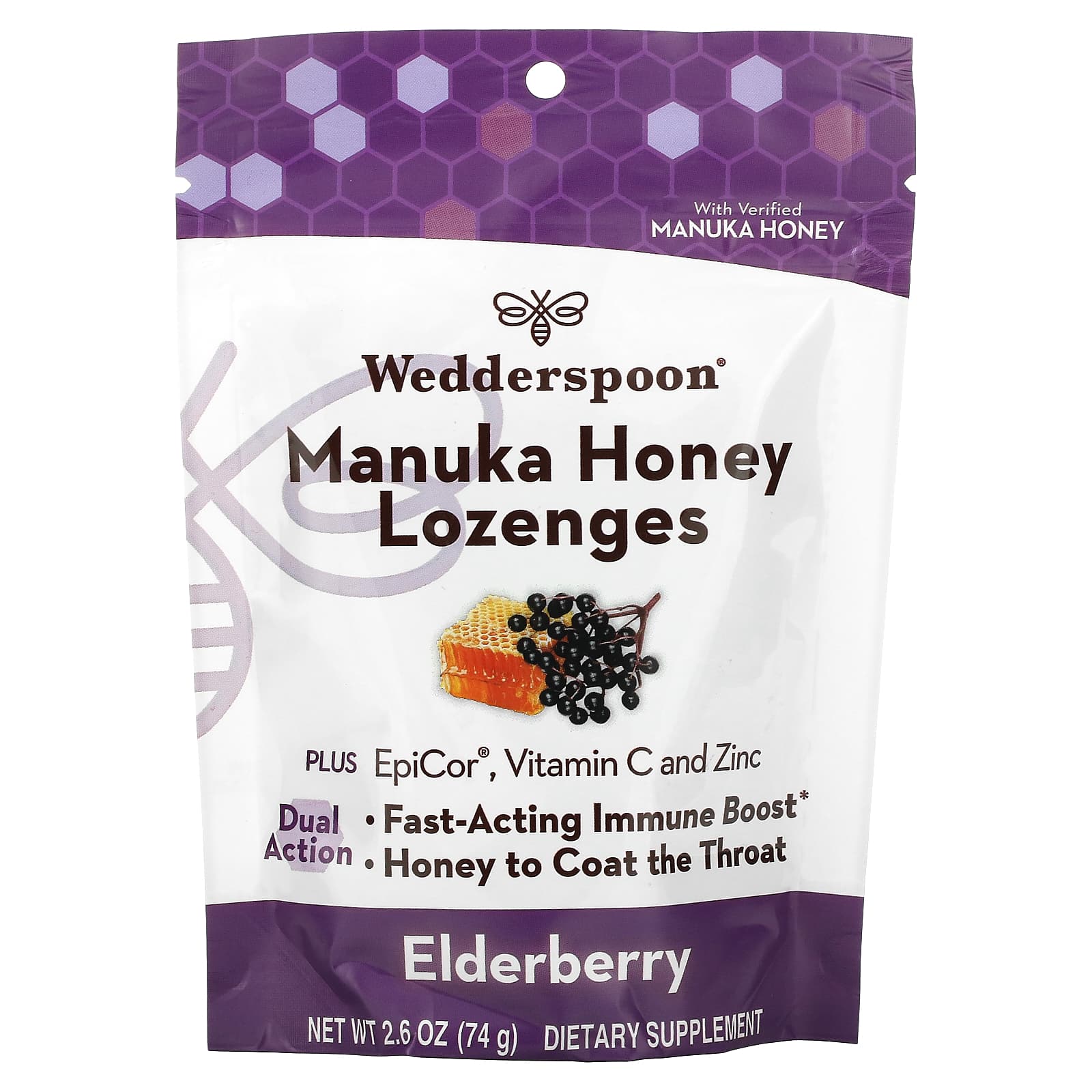 Wedderspoon-Manuka Honey Lozenges-Elderberry-2.6 oz (74 g)