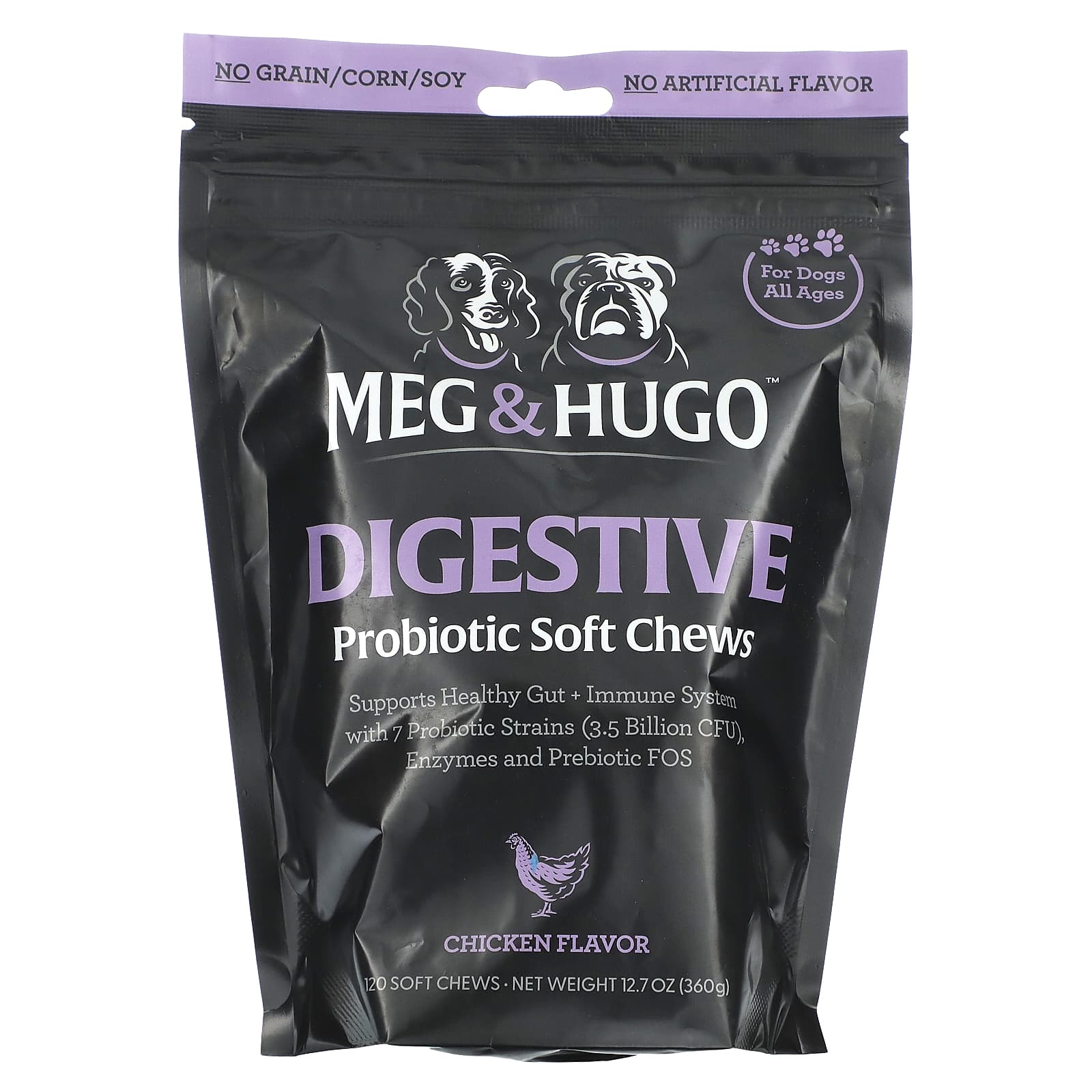 Meg & Hugo-Digestive-Probiotic Soft Chews-For Dogs-All Ages-Chicken-120 Soft Chews-12.7 oz (360 g)