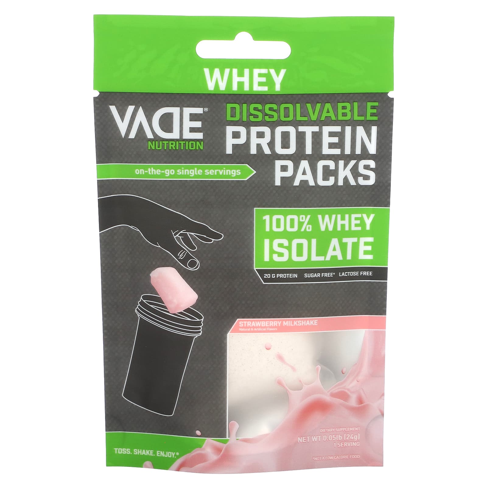 Vade Nutrition-Dissolvable Protein Packs-100% Whey Isolate-Strawberry Milkshake-0.05 lb (24 g)