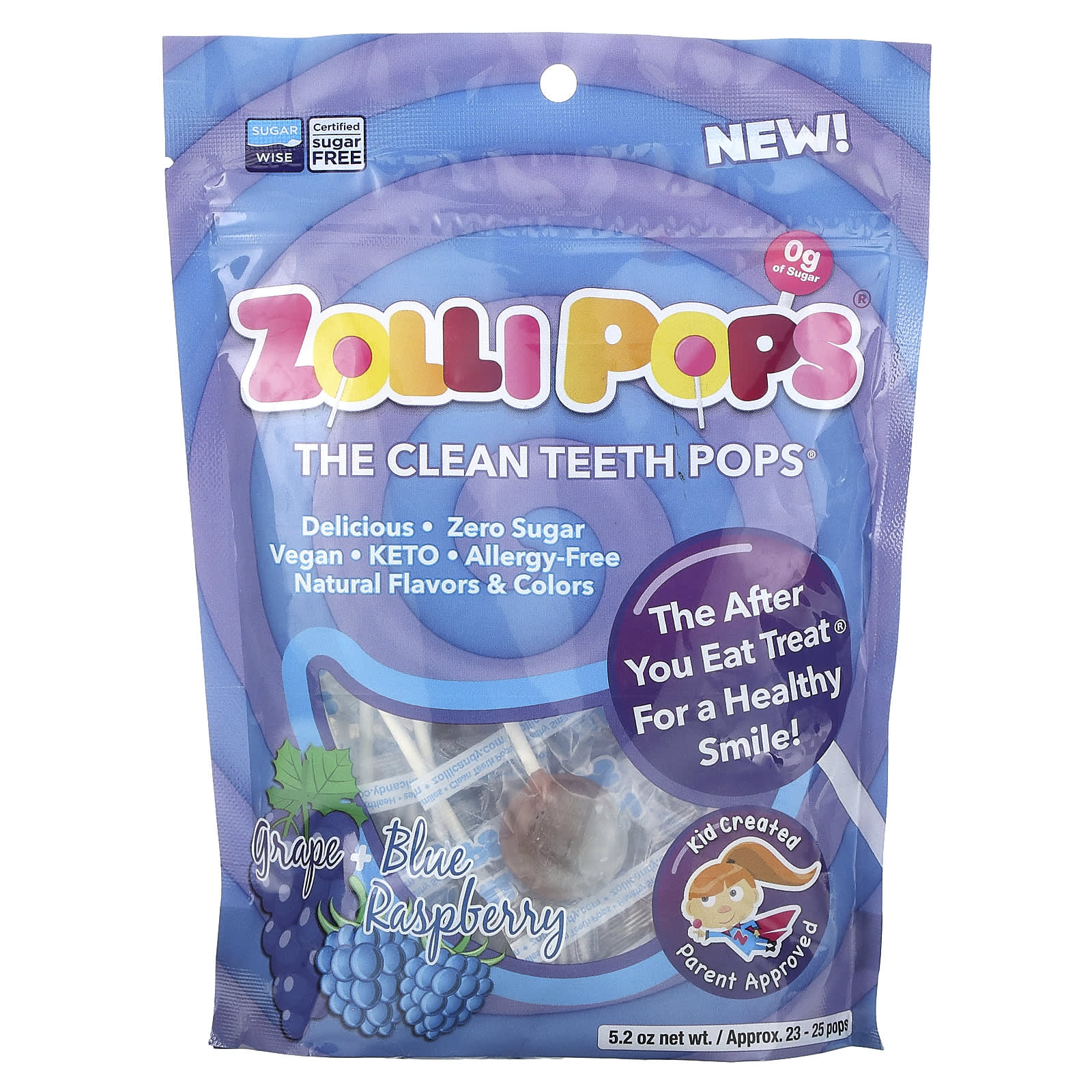 Zollipops-The Clean Teeth Pops-Grape + Blue Raspberry-Approx. 23-25 pops-5.2 oz