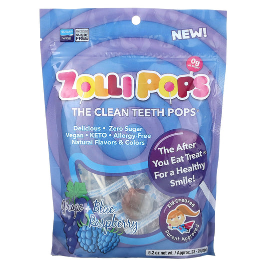 Zollipops-The Clean Teeth Pops-Grape + Blue Raspberry-Approx. 23-25 pops-5.2 oz