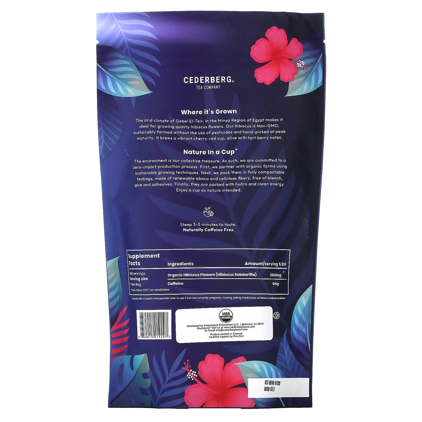 Cederberg Tea Co, Organic Hibiscus, Caffeine Free, 100 Natural Tea Bags, 7.05 oz (200 g)