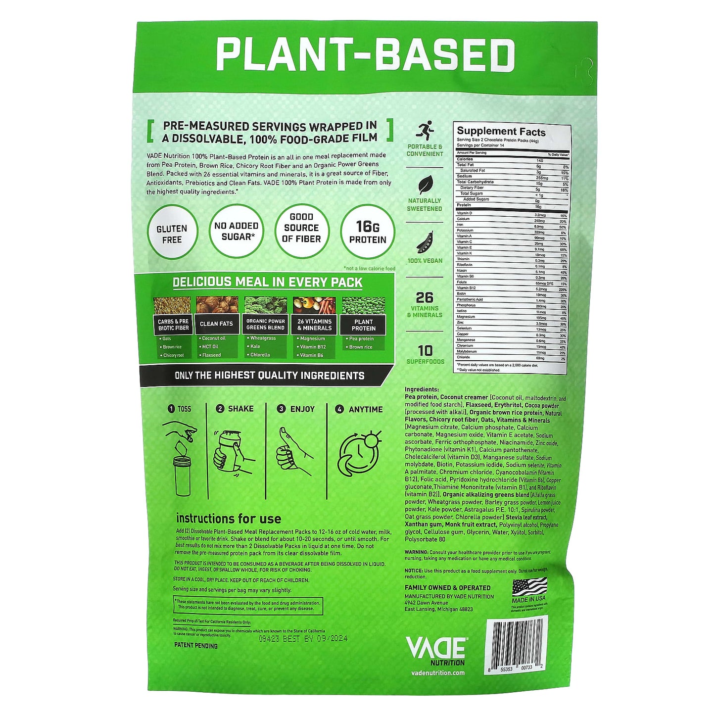 Vade Nutrition, Dissolvable Protein Packs, 100% Plant Meal Replacement, Rich Chocolate, 1.36 lbs (616 g)