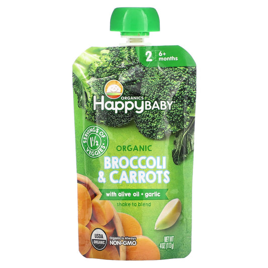 Happy Family Organics-Happy Baby-6+ Months-Organic Broccoli & Carrots with Olive Oil + Garlic-4 oz (113 g)