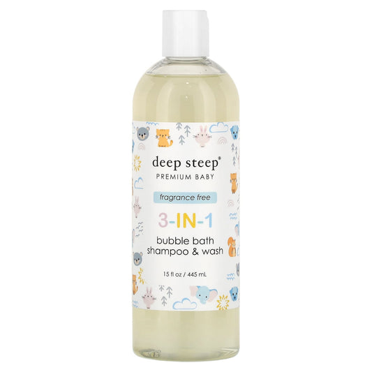 Deep Steep-Premium Baby-3-in-1 Bubble Bath-Shampoo & Wash-Fragrance Free-15 fl oz (445 ml)