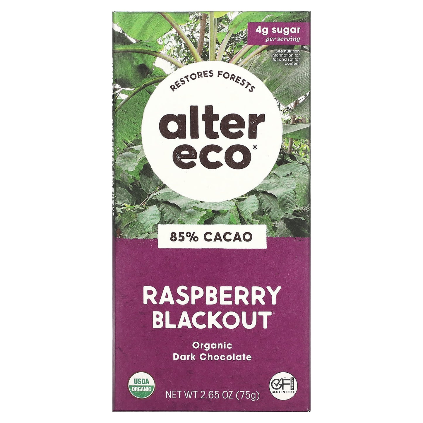 Alter Eco-Organic Dark Chocolate Bar-Raspberry Blackout-85% Cacao-2.65 oz (75 g)