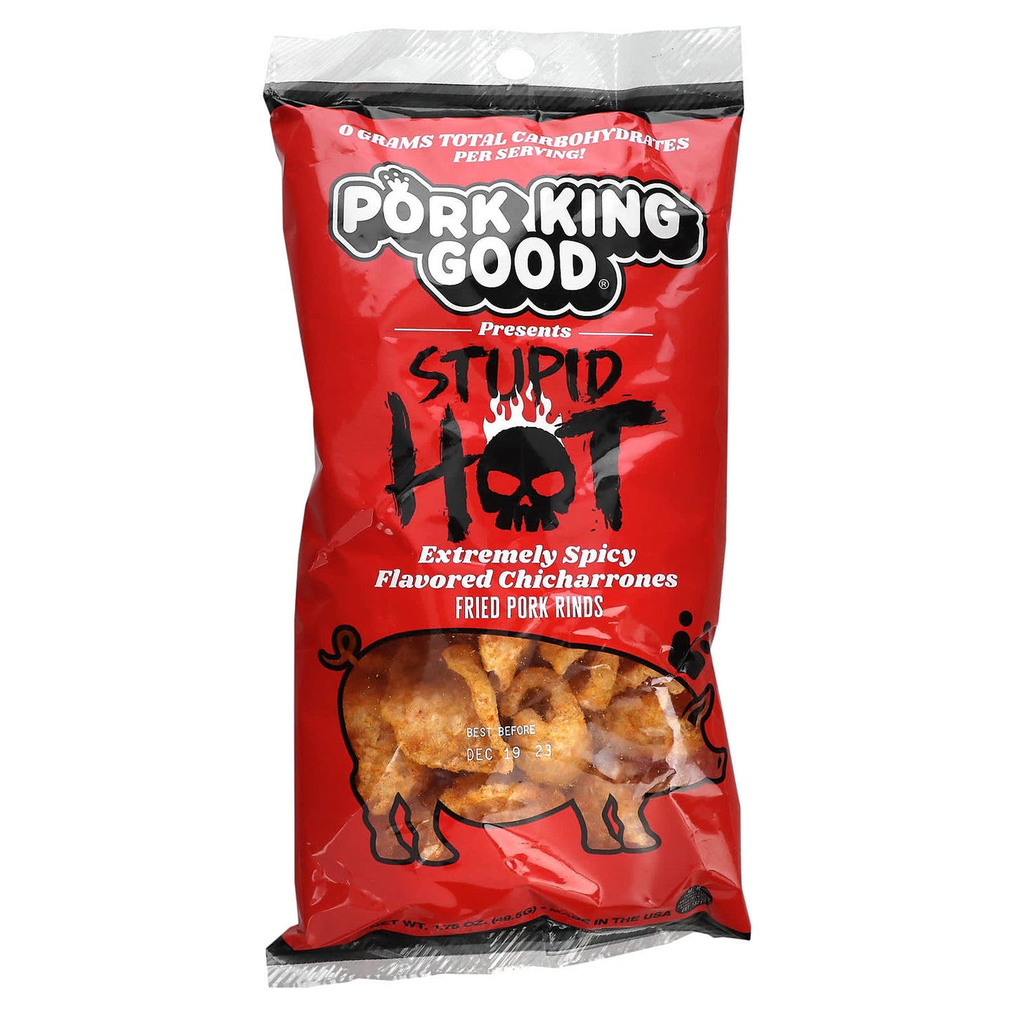 Pork King Good-Flavored Chicharrones-Stupid Hot-Extremely Spicy-1.75 oz (49.5 g)