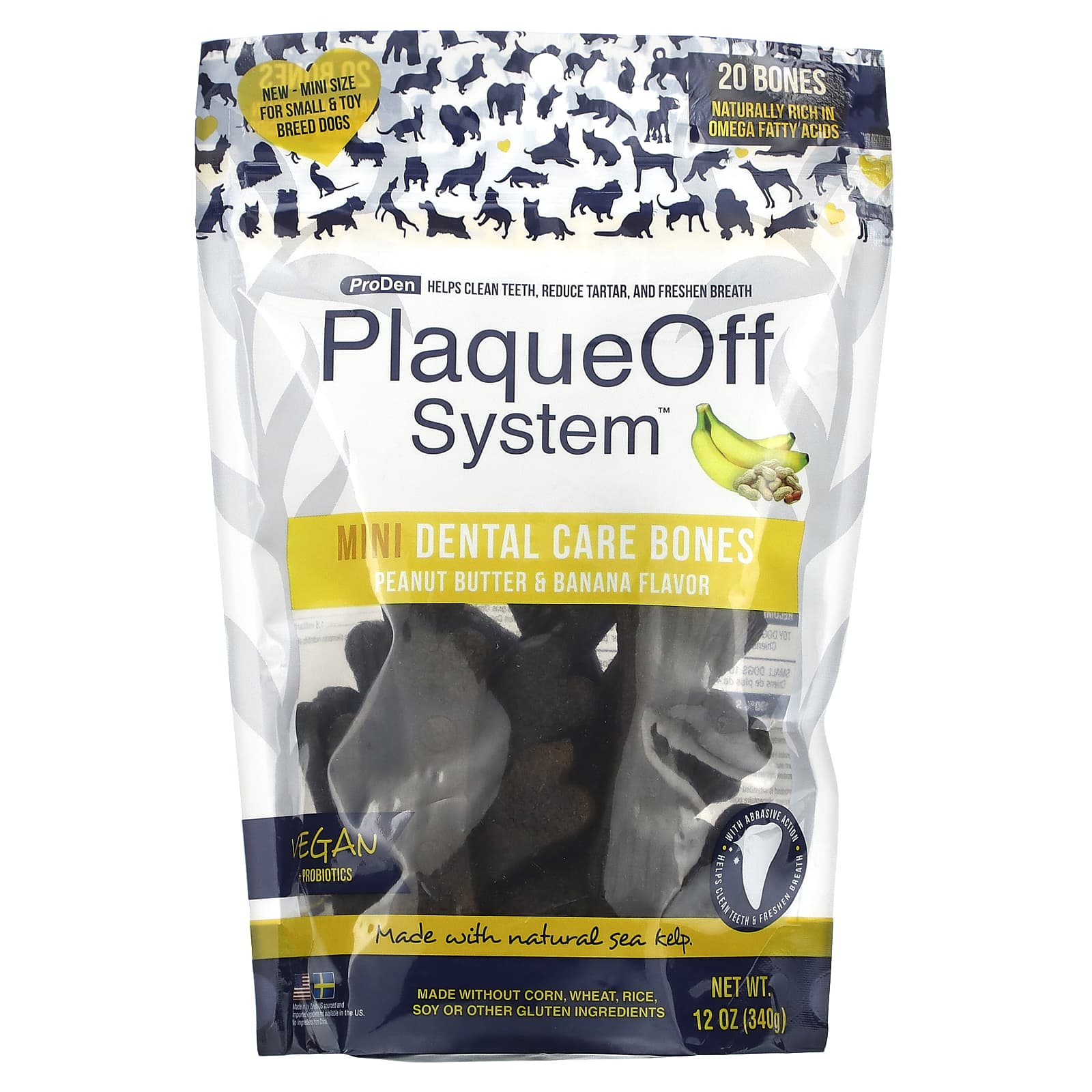 ProDen-PlaqueOff System-Mini Dental Care Bones-For Small & Toy Breed Dogs-Peanut Butter & Banana-20 Bones-12 oz (340 g)