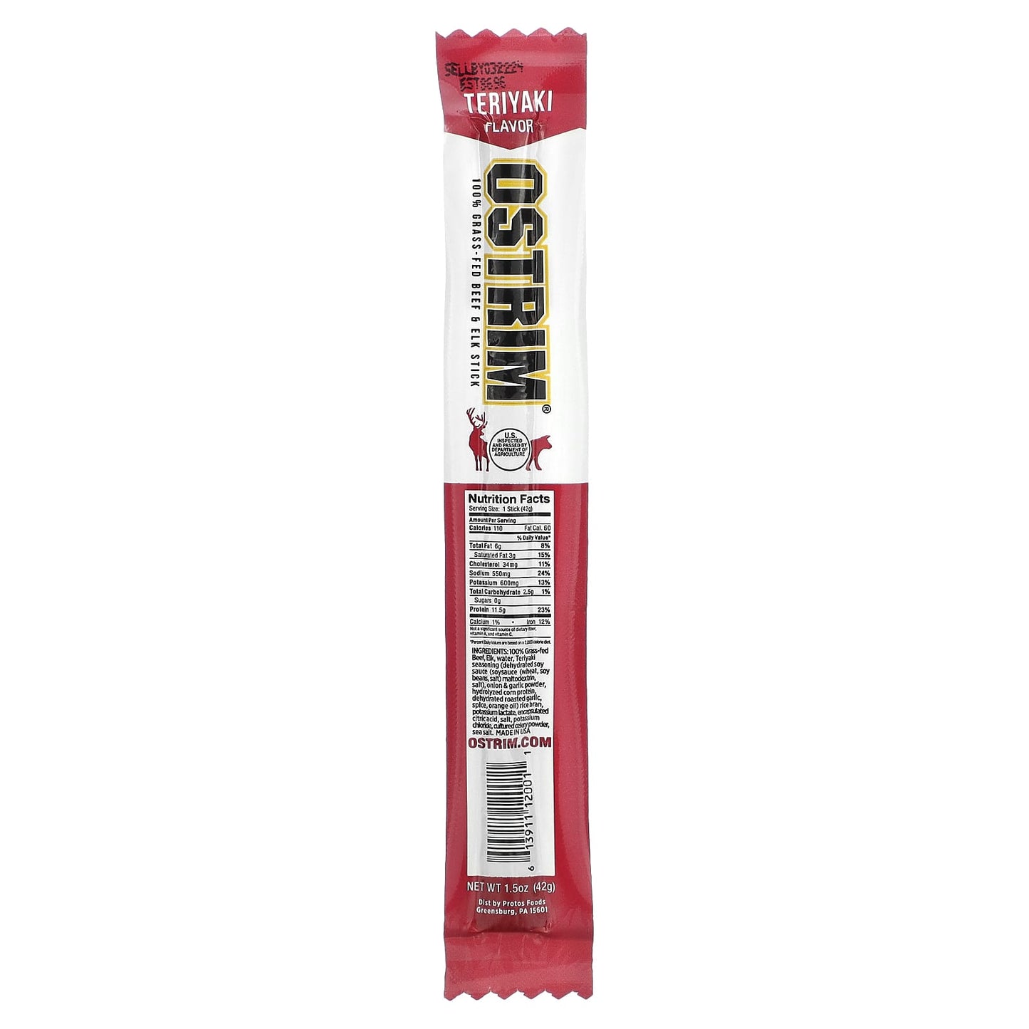 Ostrim-100% Grass-Fed Beef & Elk Stick-Teriyaki-1 Stick-1.5 oz (42 g)