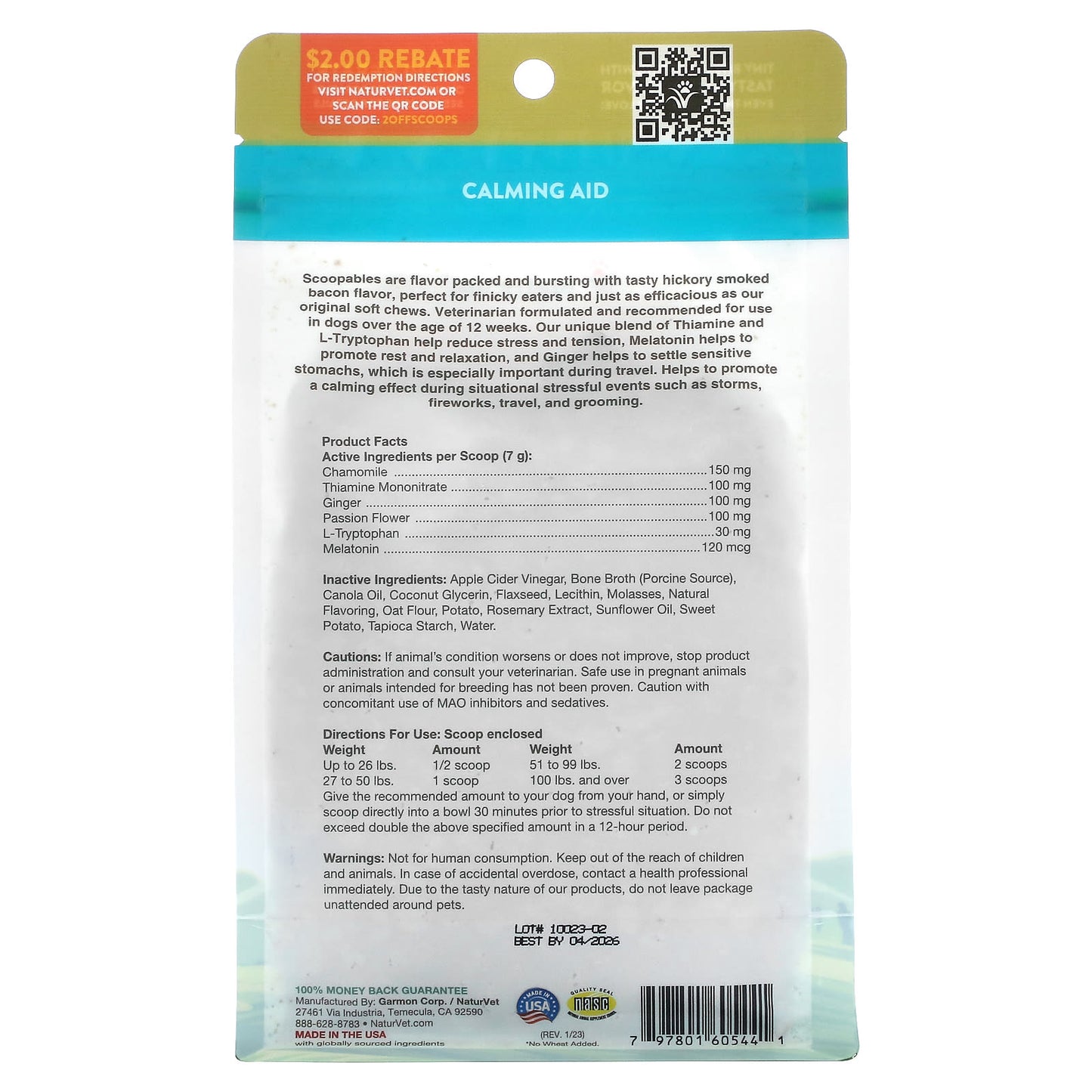 NaturVet, Scoopables, Quiet Moments Calming Aid + Melatonin, For Dogs, Bacon, 11 oz (315 g)