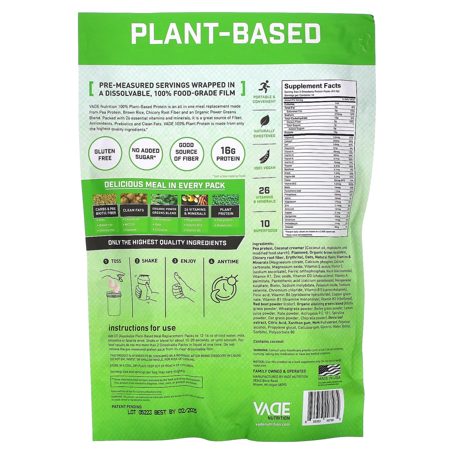 Vade Nutrition, Dissolvable Protein Packs, 100% Plant Meal Replacement, Strawberry Smoothie, 1.34 lb (607.6 g)