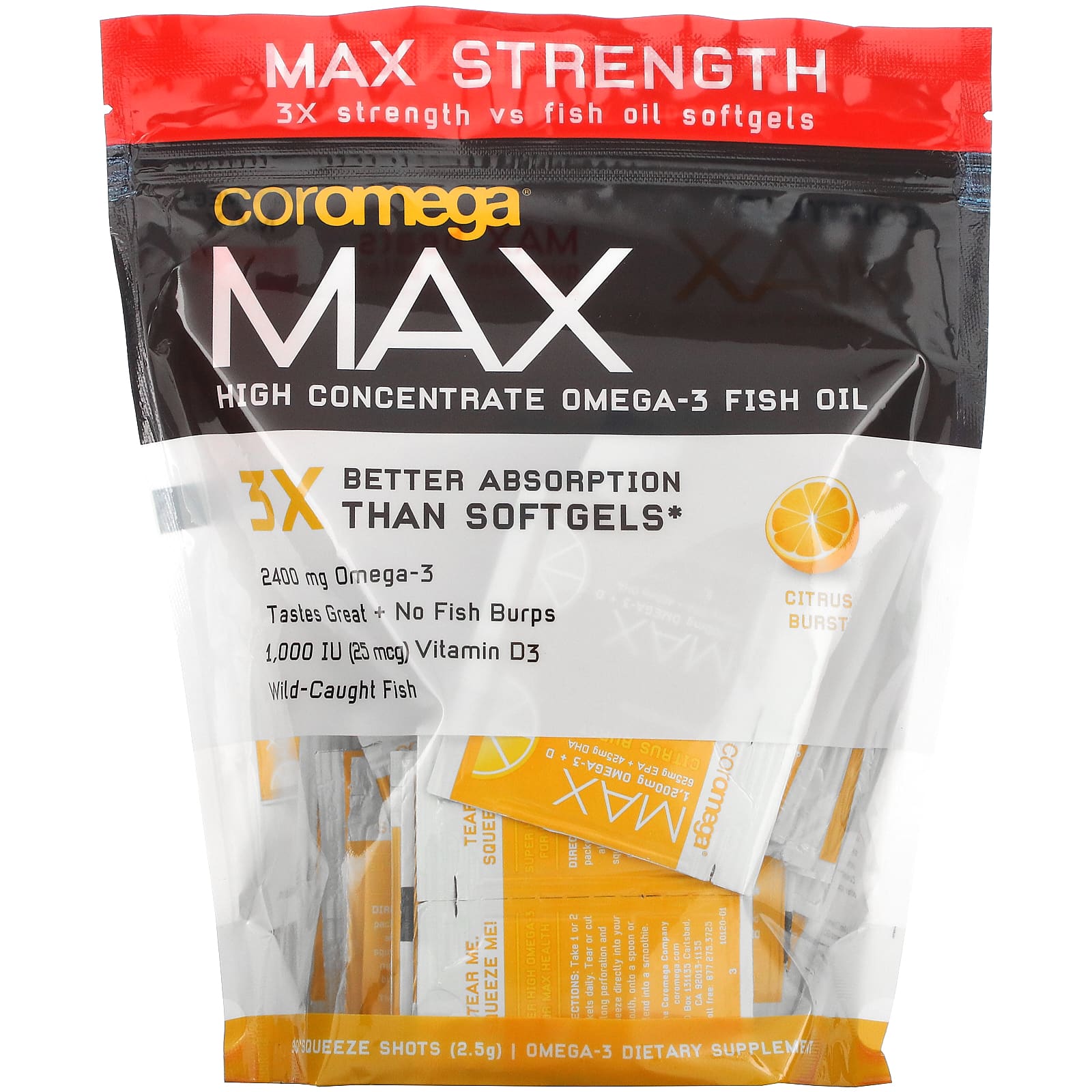 Coromega-Max High Concentrate Omega-3 Fish Oil-Citrus Burst-90 Squeeze Shots-2.5 g Each