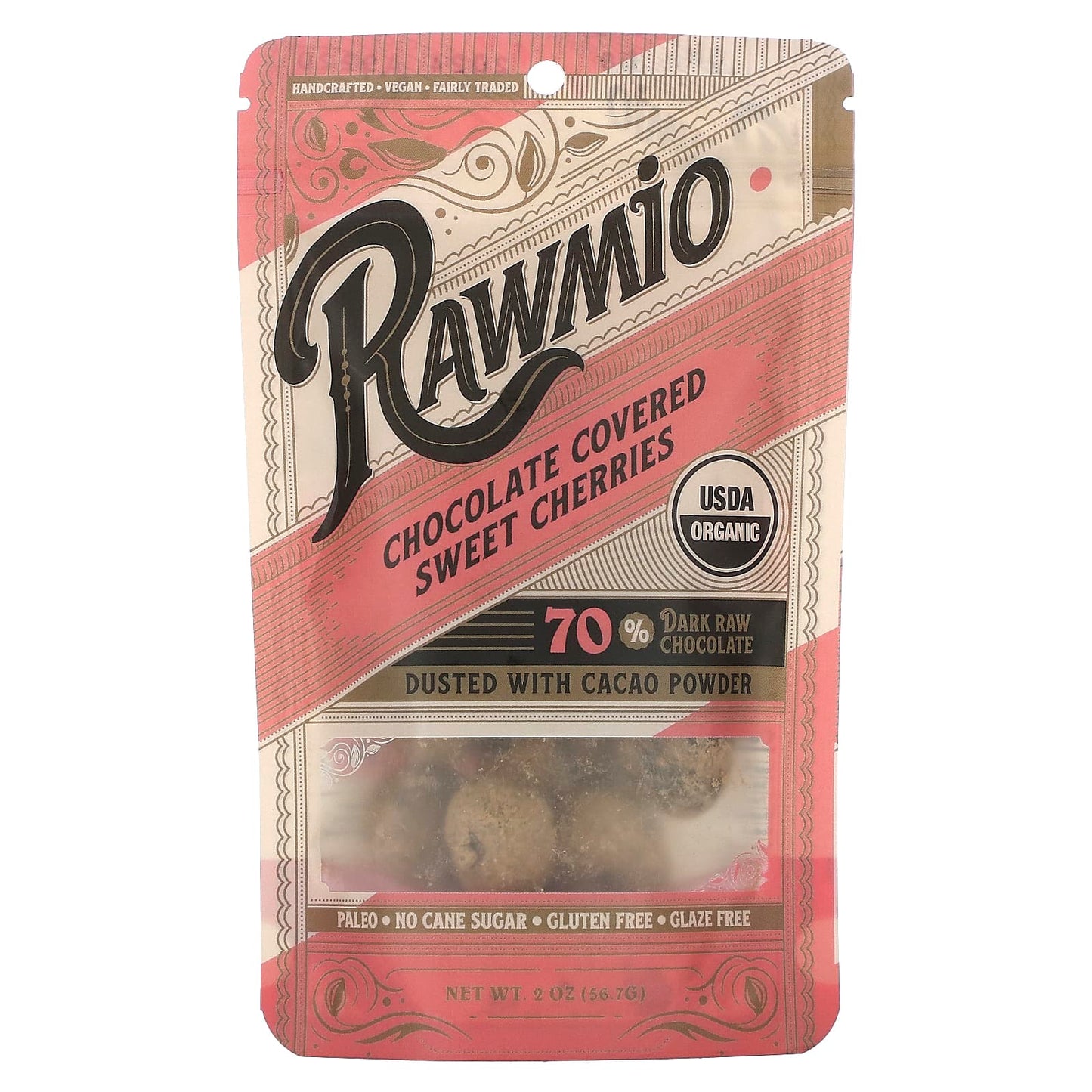 Rawmio-Chocolate Covered Sweet Cherries-70% Dark Raw Chocolate-2 oz (56.7 g)