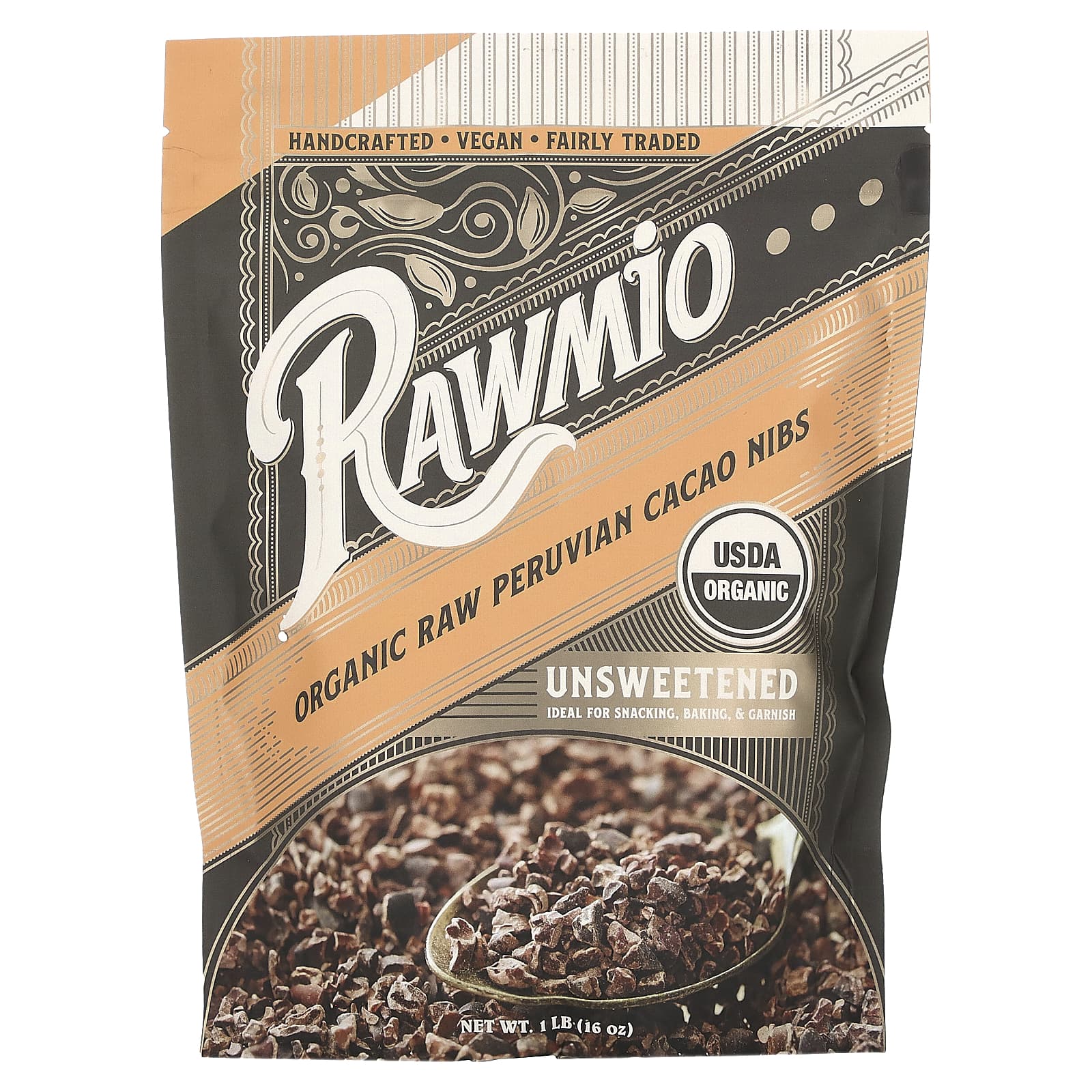 Rawmio-Organic Raw Peruvian Cacao Nibs-Unsweetened -1 lb (16 oz)