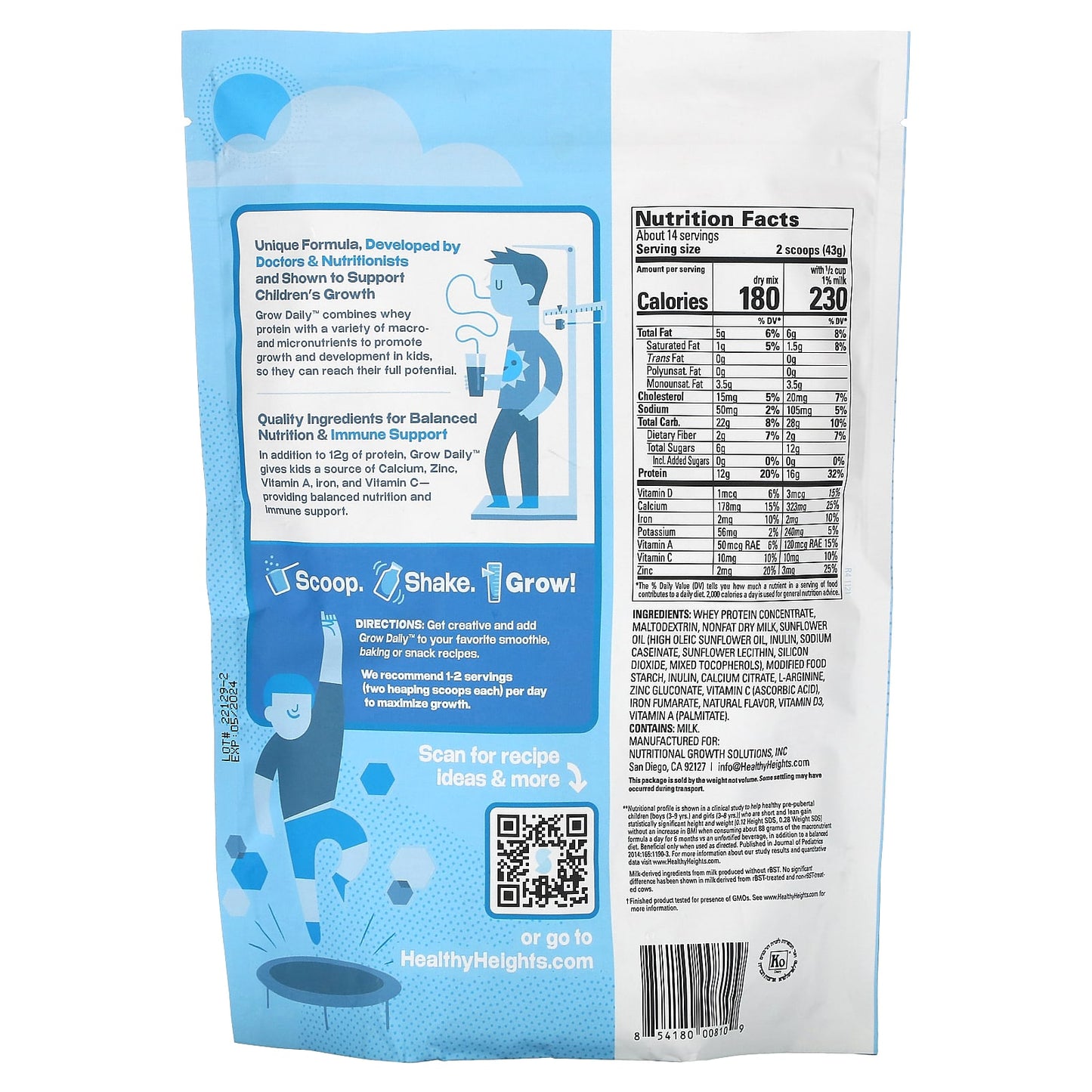 Healthy Heights, Grow Daily, Whey Protein & Nutrition Mix, For Kids 3+, Plain, 21.7 oz (616 g)