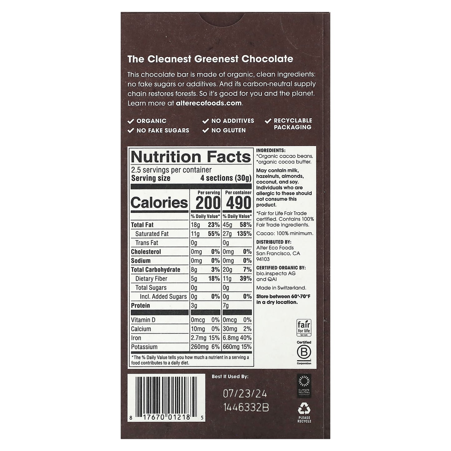 Alter Eco, Organic Dark Chocolate Bar, Total Blackout, 100% Cacao, 2.65 oz (75 g)