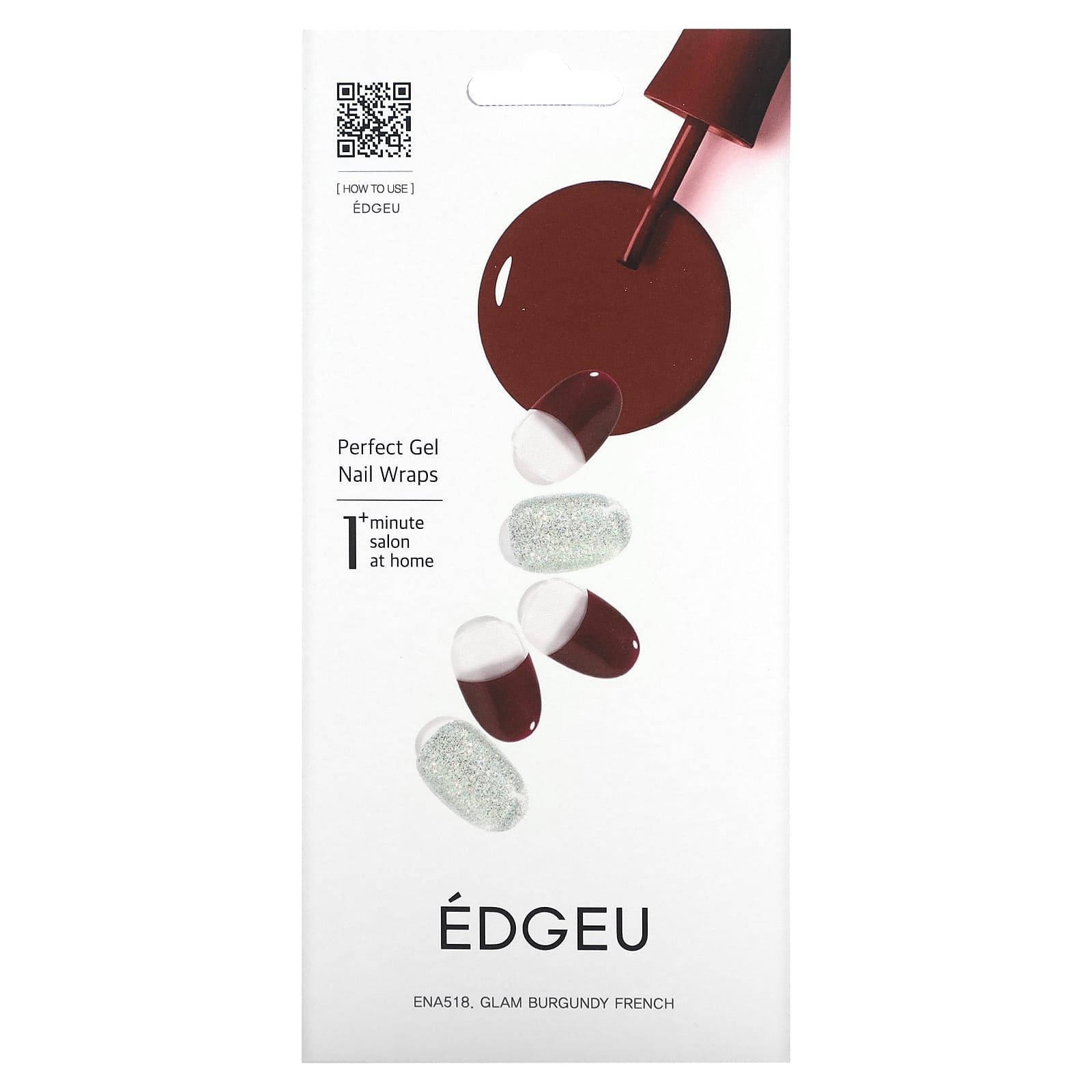 Edgeu-Perfect Gel Nail Wraps-ENA518-Glam Burgundy French-16 Piece Strips Set