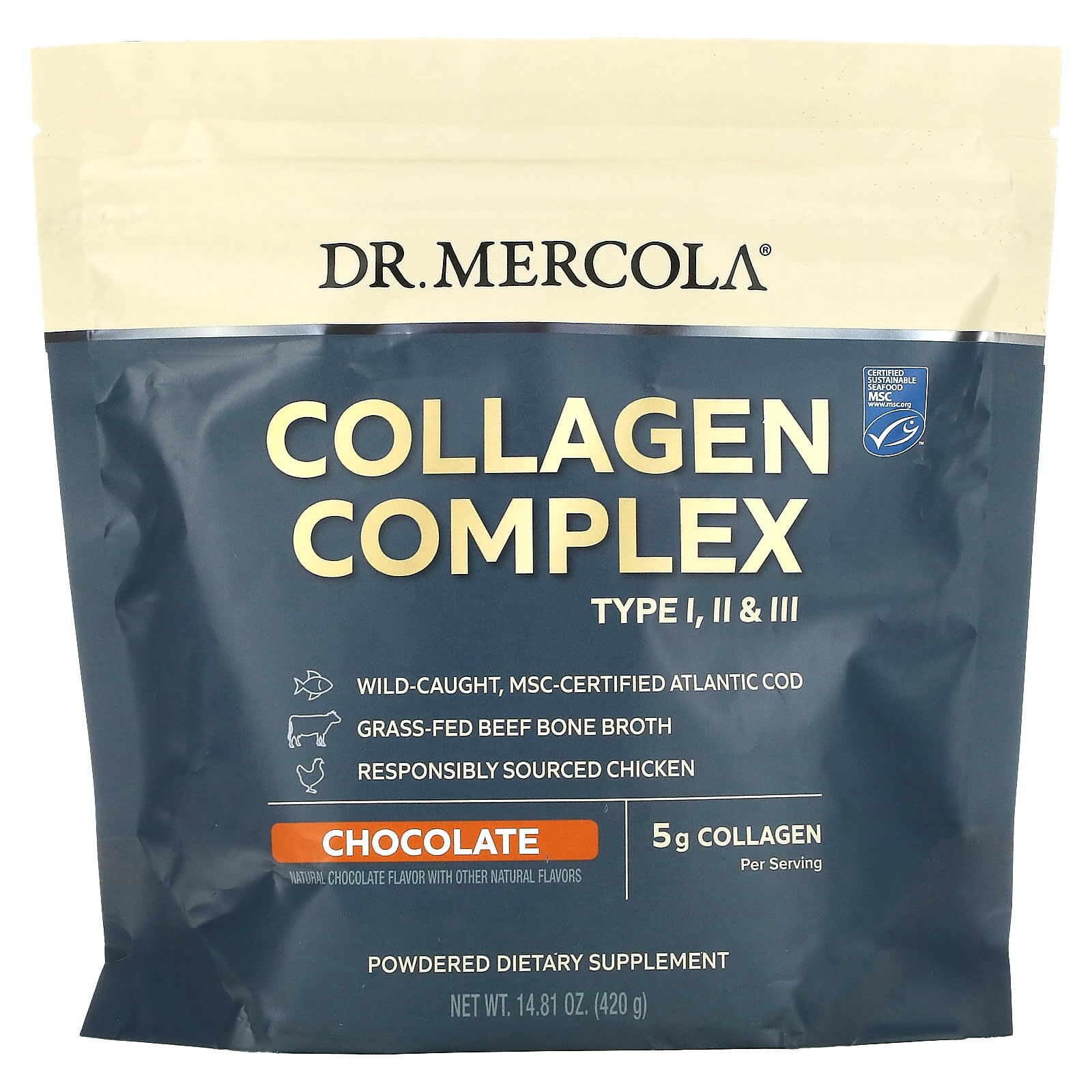 Dr. Mercola-Collagen Complex Type l-ll & lll-Chocolate-5 g-14.81 oz (420 g)