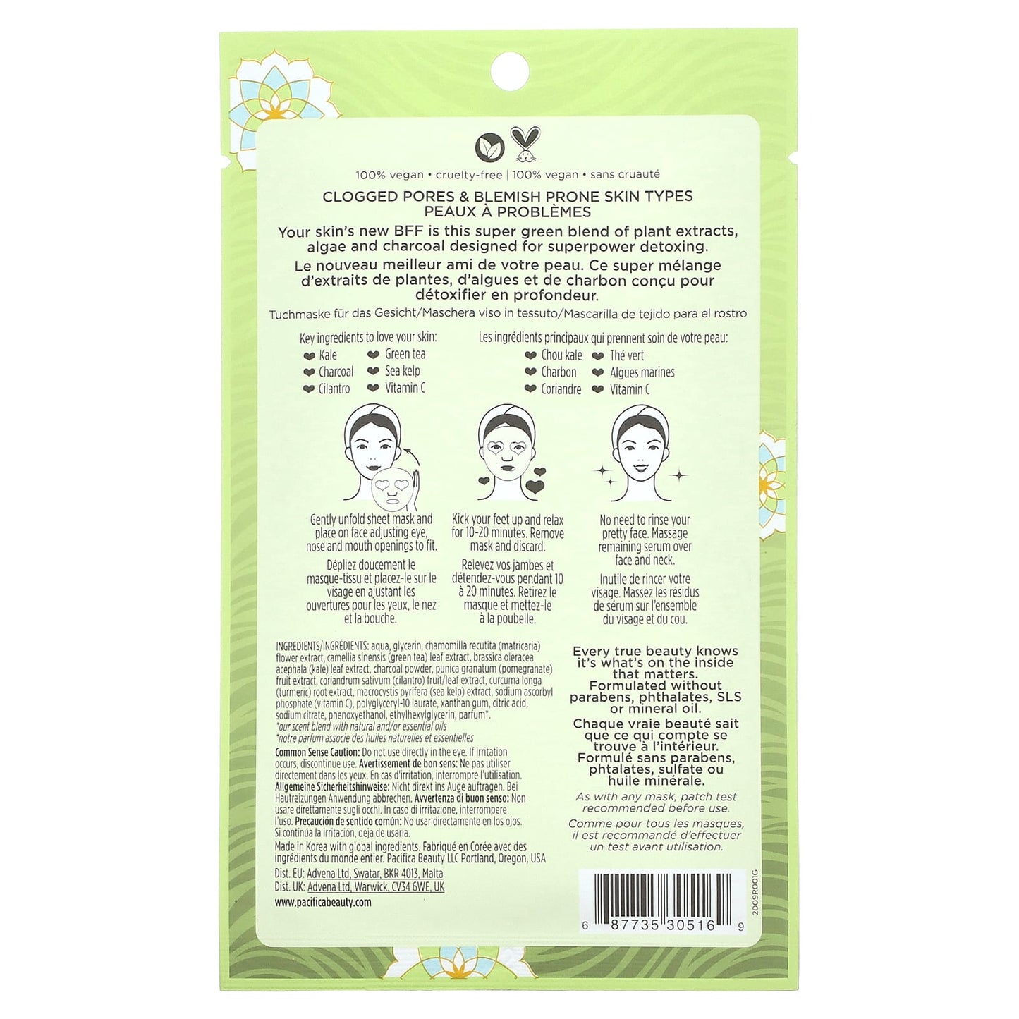 Pacifica, Super Green Detox, Beauty Facial Mask, Kale & Charcoal, 1 Sheet Mask, 0.67 fl oz (20 ml)