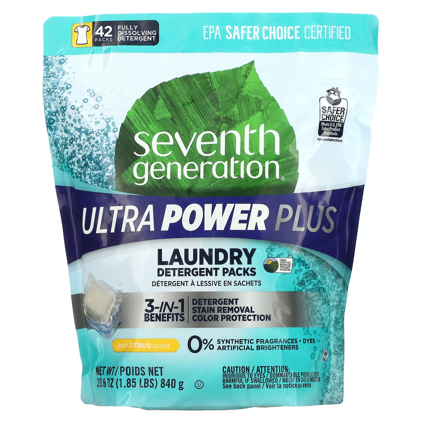 Seventh Generation-Laundry Detergent Packs-Ultra Power Plus-Fresh Citrus-42 Packs-29.6 oz (840 g)