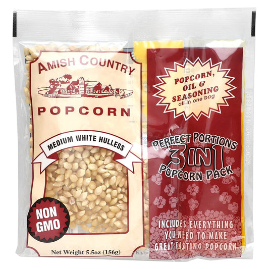 Amish Country Popcorn-Perfect Portions 3 in 1 Popcorn Pack-Medium White Hulless-5.5 oz (156 g)