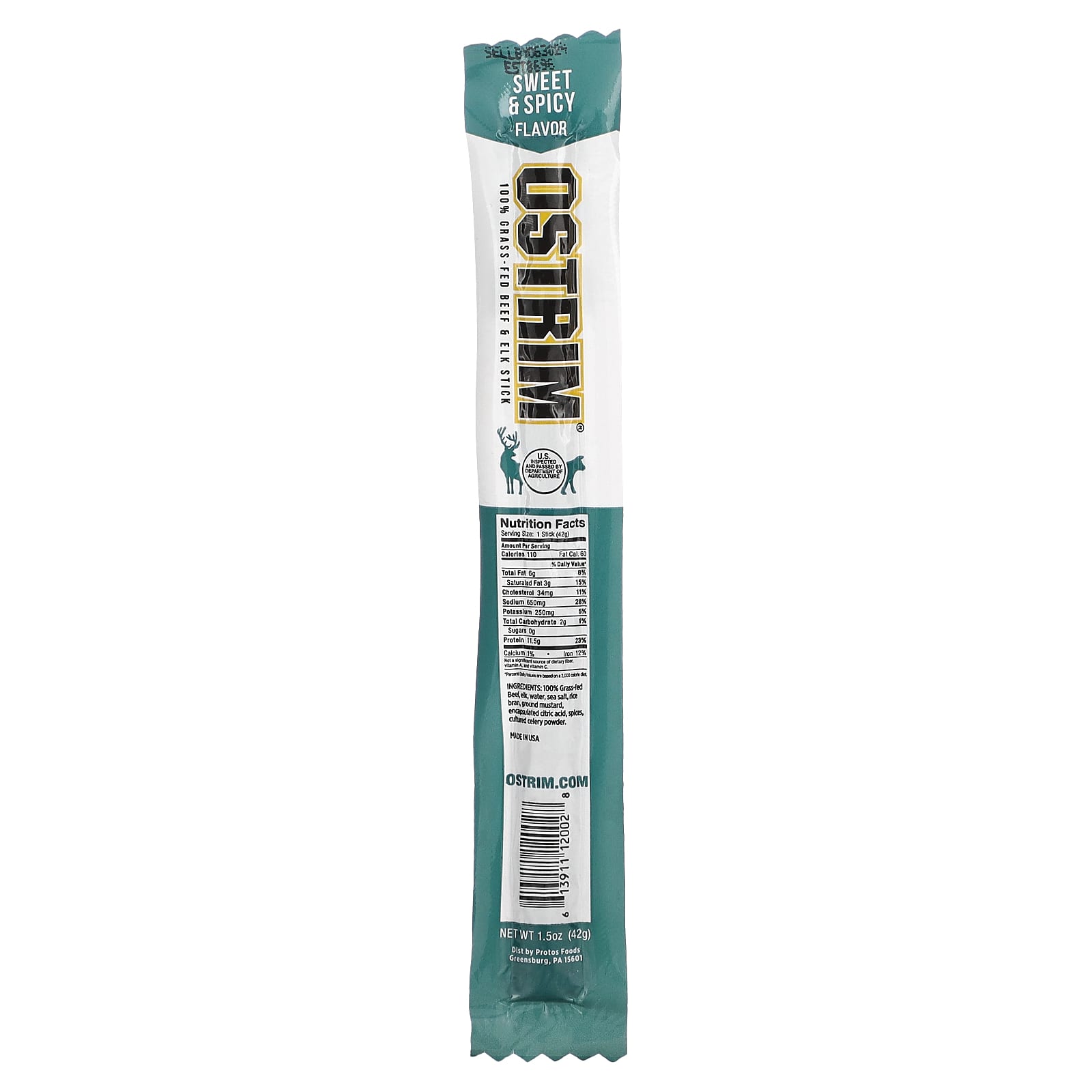 Ostrim-100% Grass-Fed Beef & Elk Stick-Sweet & Spicy-1 Stick-1.5 oz (42 g)