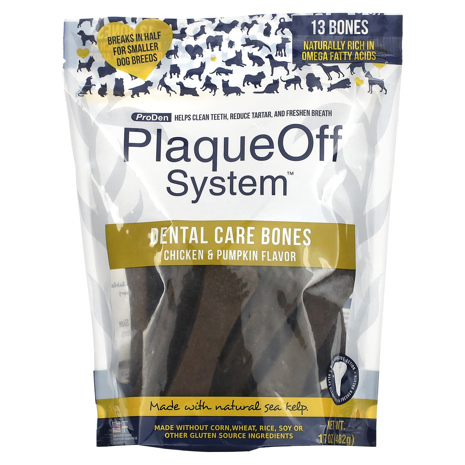 ProDen-PlaqueOff System-Dental Care Bones-For Dogs-Chicken & Pumpkin-13 Bones-17 oz (482 g)