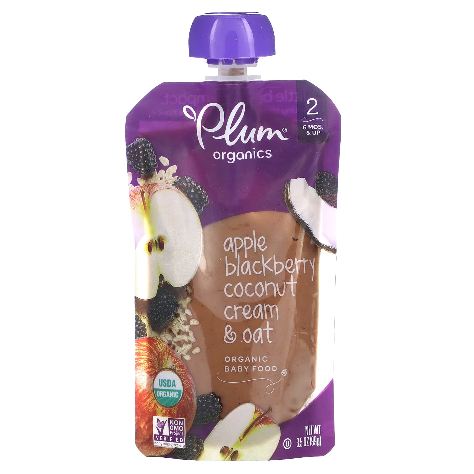 Plum Organics-Organic Baby Food-6 Months & Up-Apple Blackberry Coconut Cream & Oat-3.5 oz (99 g)