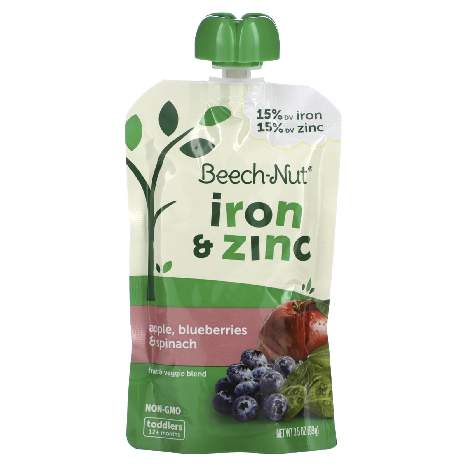 Beech-Nut-Fruit & Veggie Blend-Iron & Zinc-12+ Months-Apple-Blueberries & Spinach-3.5 oz (99 g)