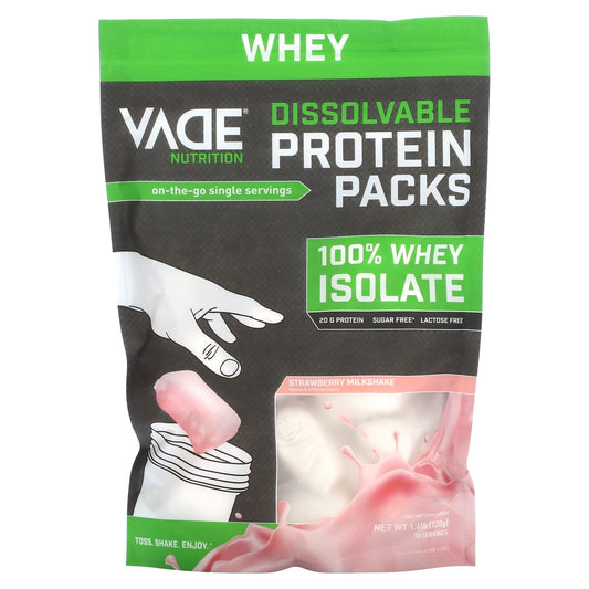 Vade Nutrition-Dissolvable Protein Packs-100% Whey Isolate-Strawberry Milkshake-1.6 lb (720 g)