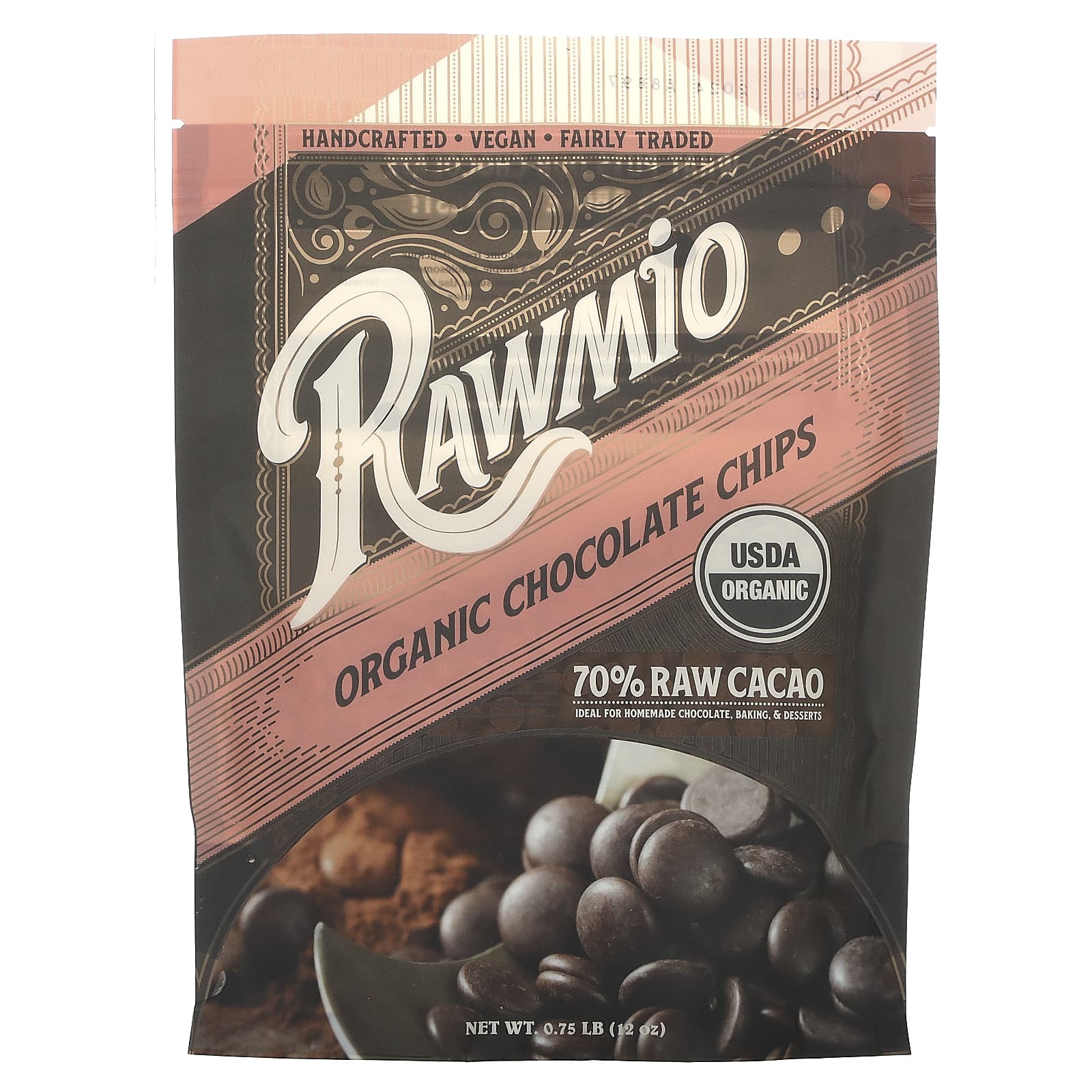 Rawmio-Organic Chocolate Chips-70% Raw Cacao-0.75 lb (12 oz)