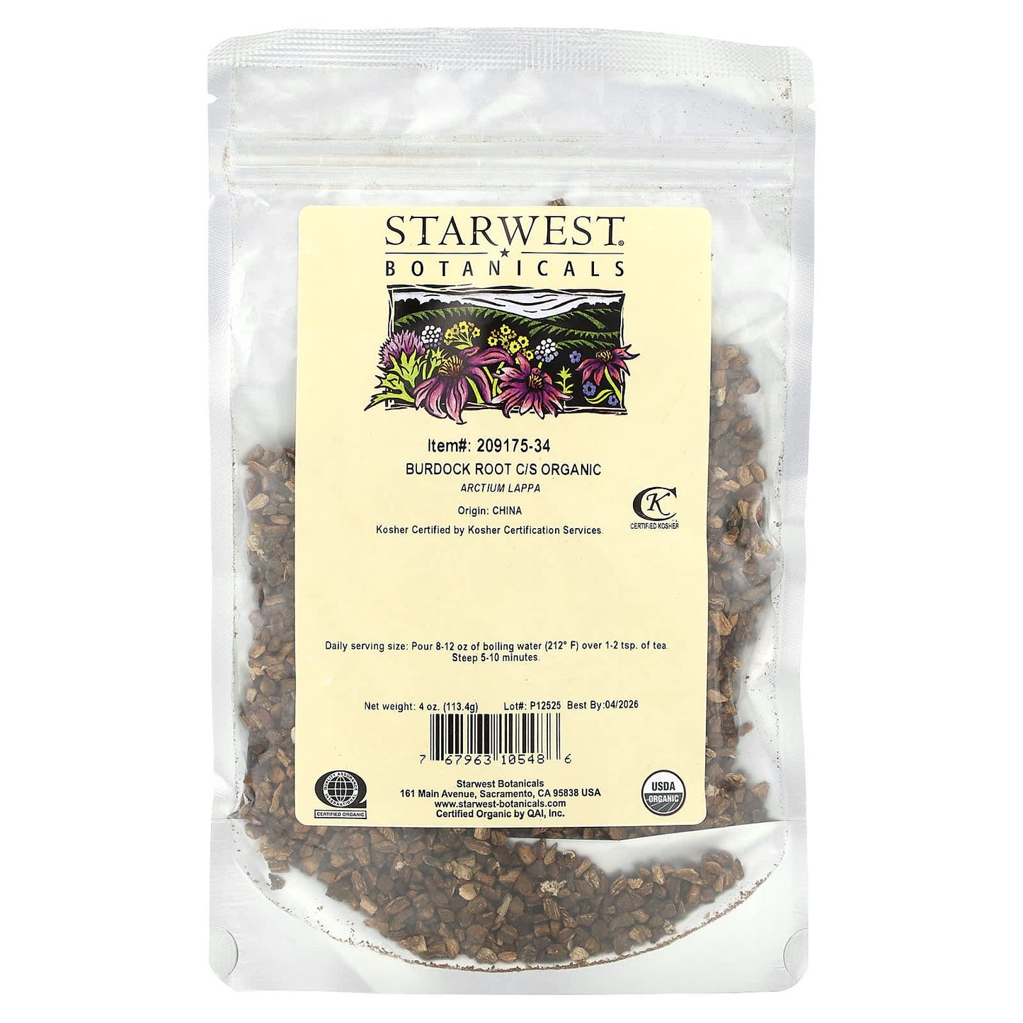 Starwest Botanicals, Organic Burdock Root, Cut & Shifted, 4 oz (113.4 g)