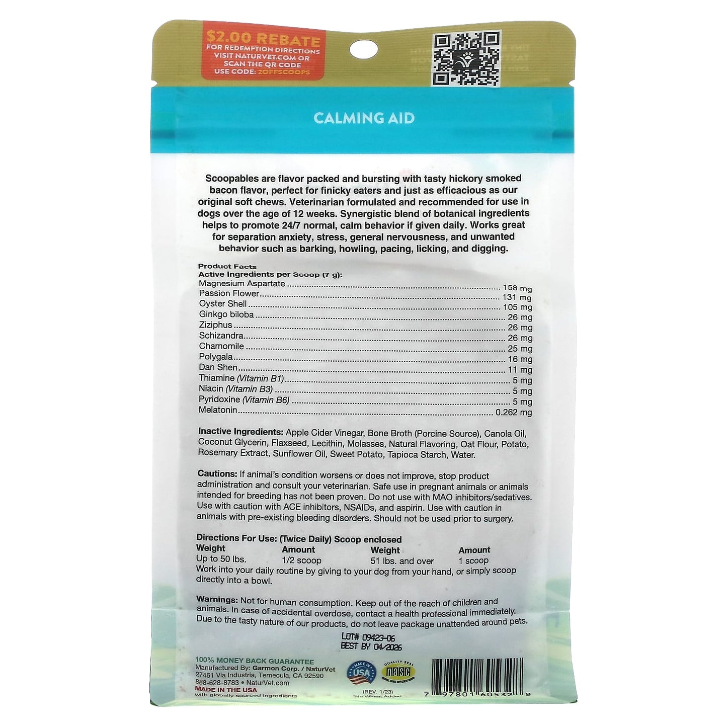 NaturVet, Scoopables Emotional Support, Daily Calming Aid, For Dogs, Bacon, 45 Scoops, 11 oz (315 g)