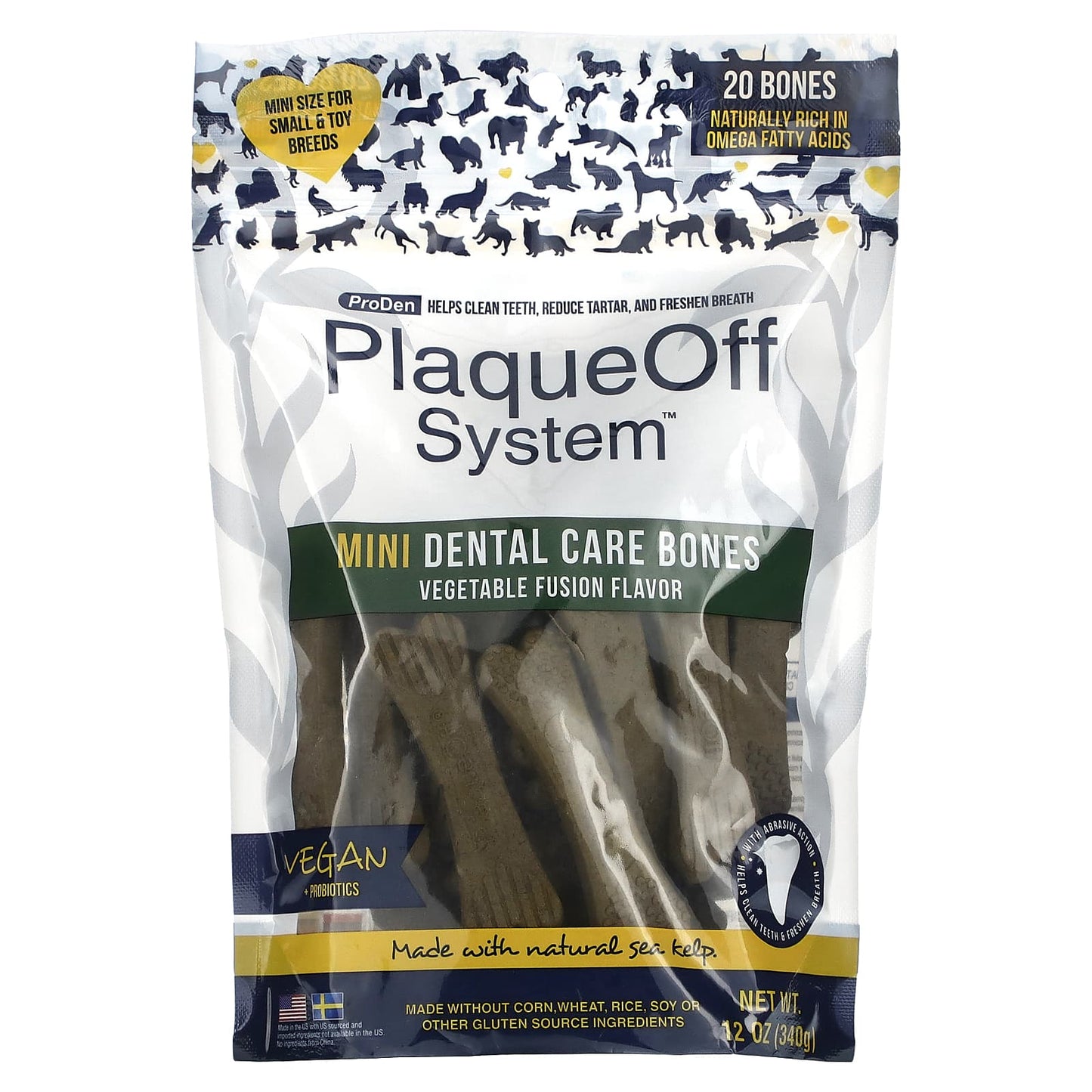 ProDen-PlaqueOff System-Mini Dental Care Bones-For Small & Toy Breed Dogs-Vegetable Fusion-20 Bones-12 oz (340 g)