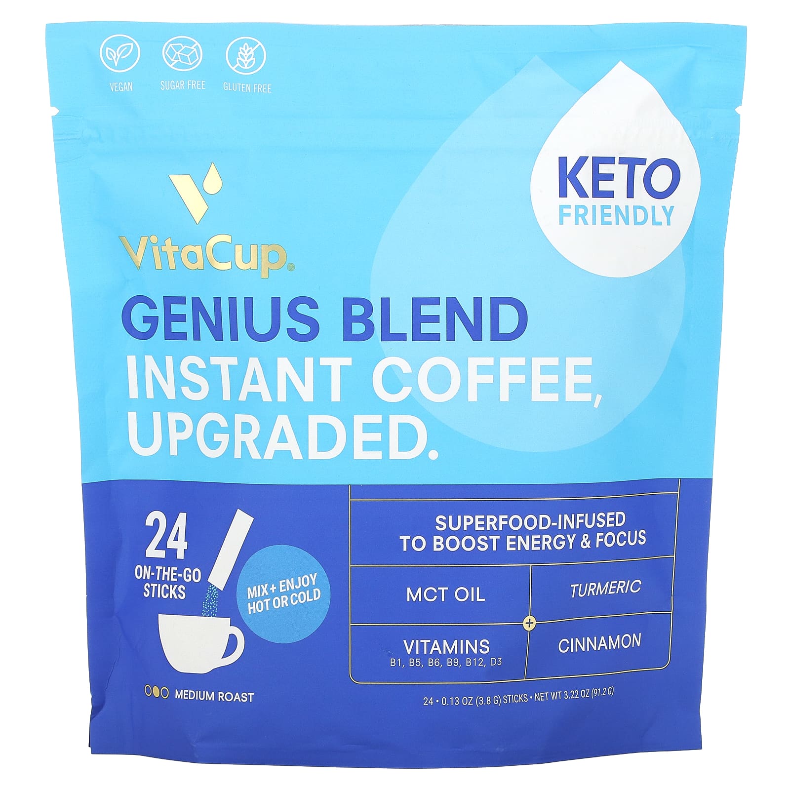 VitaCup-Genius Blend Instant Coffee-Medium Roast-24 On-The-Go Sticks-0.13 oz (3.8 g) Each