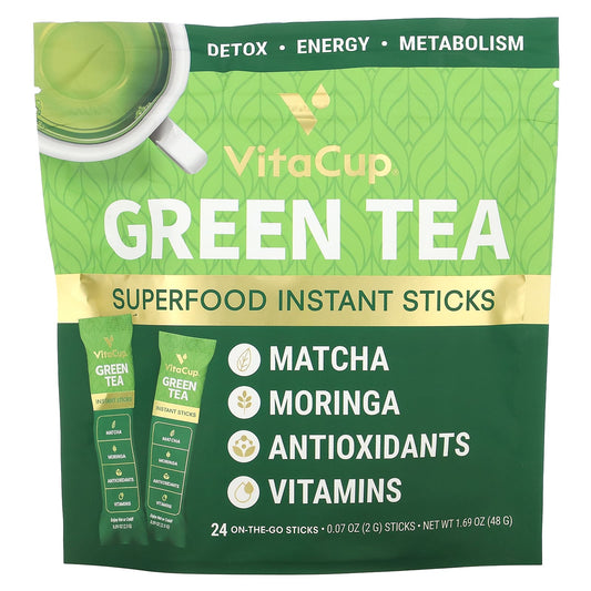 VitaCup-Green Tea-Superfood Instant Sticks-Unsweetened-24 On-The-Go Sticks-0.07 oz (2 g) Each