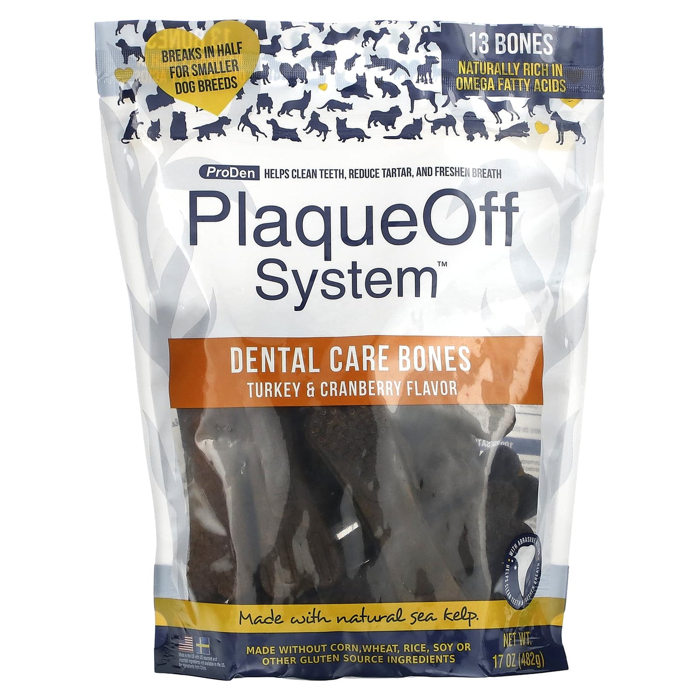 ProDen-PlaqueOff System-Dental Care Bones-For Dogs-Turkey & Cranberry-13 Bones-17 oz (482 g)