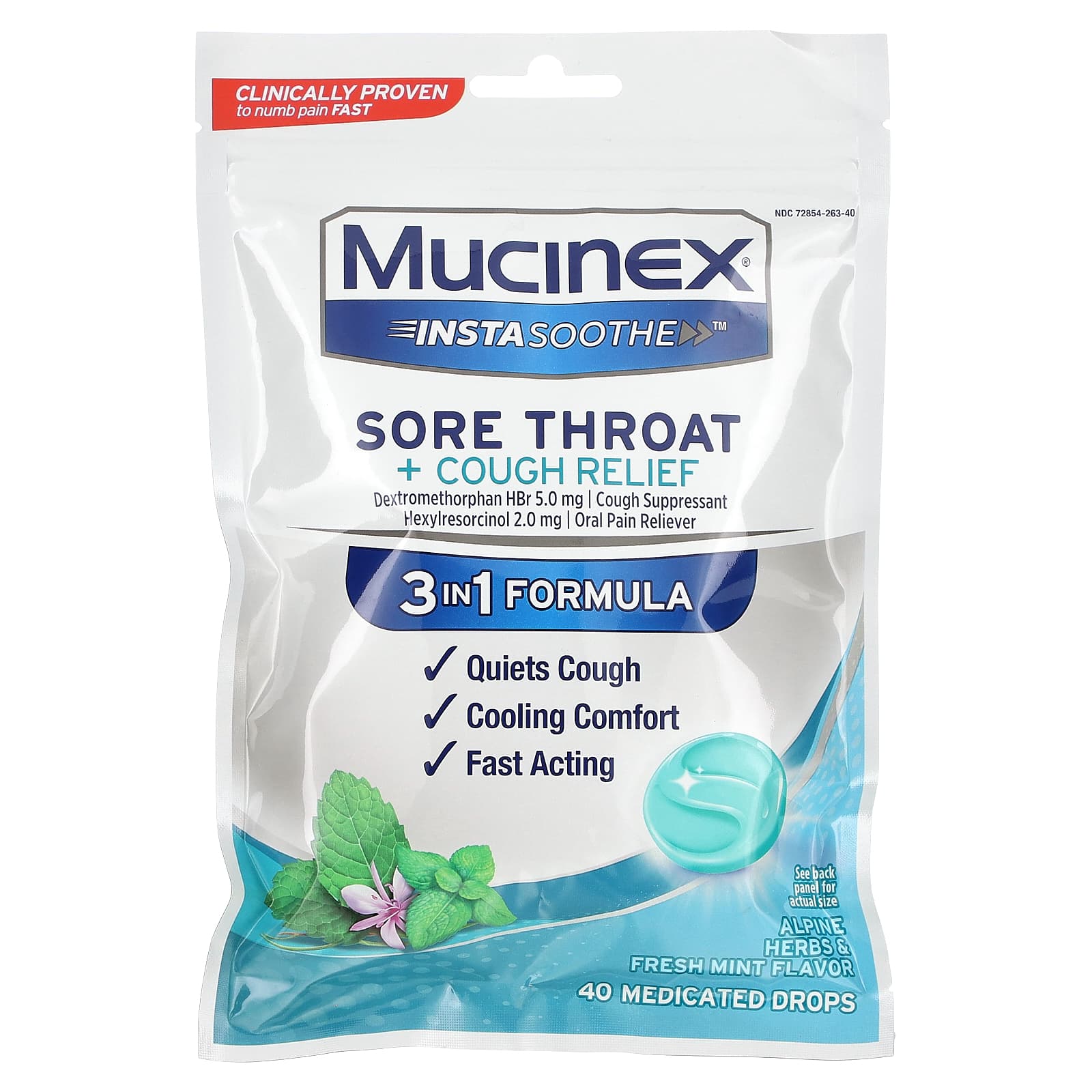 Mucinex-InstaSoothe-Sore Throat + Cough Relief-Alpine Herbs & Fresh Mint-40 Medicated Drops