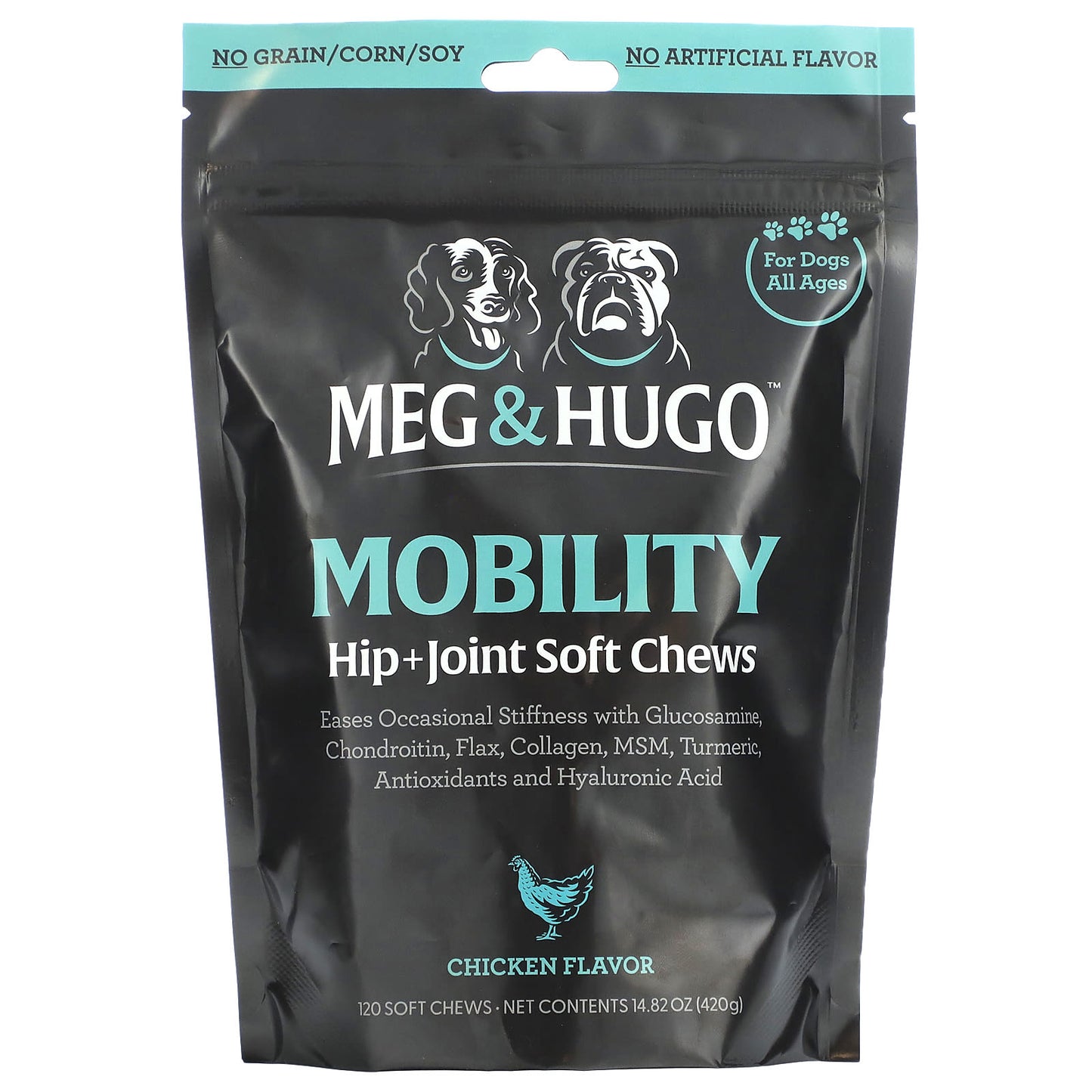 Meg & Hugo-Mobility-Hip + Joint Soft Chews-For Dogs All Ages-Chicken-120 Soft Chews-14.82 (420 g)