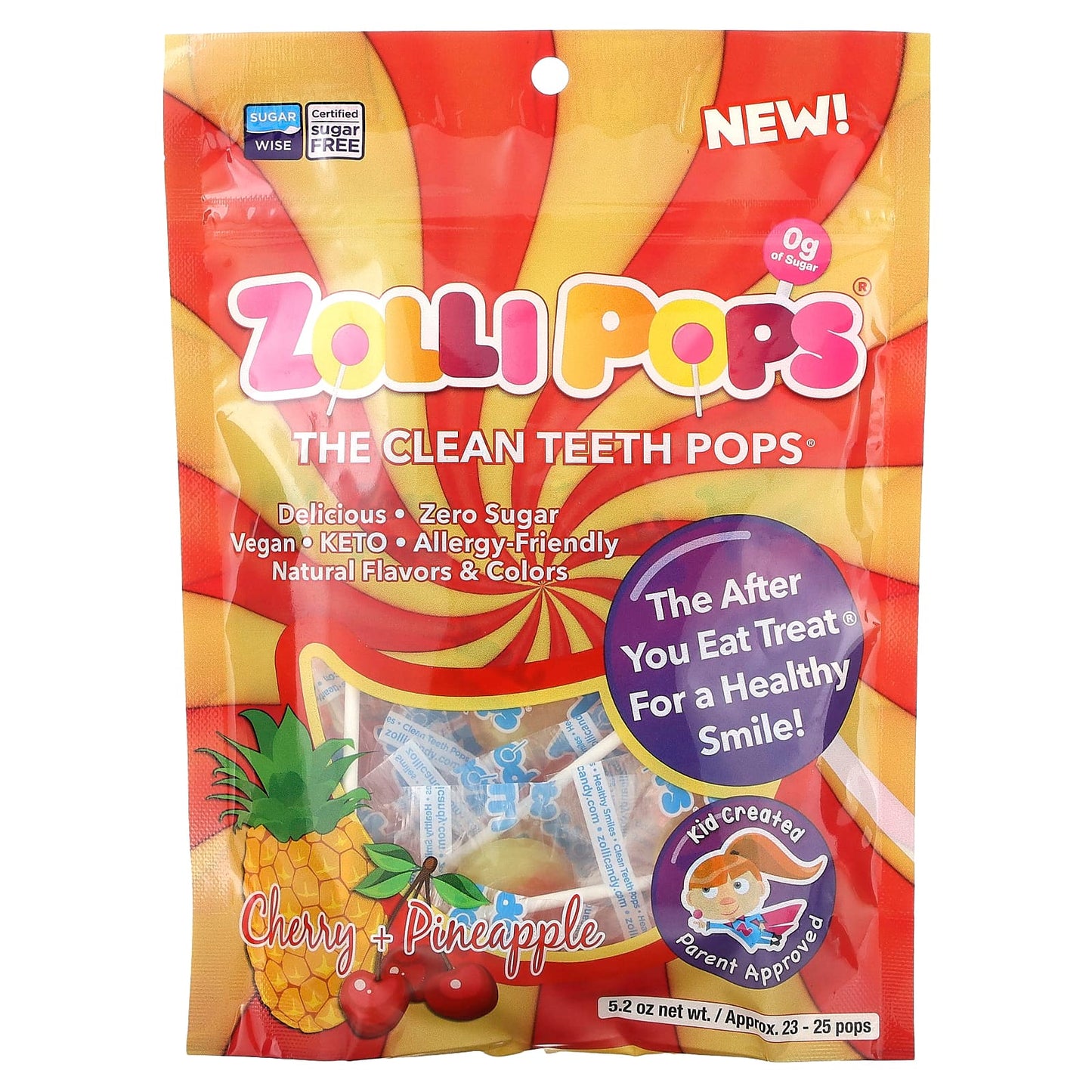 Zollipops-The Clean Teeth Pops-Cherry + Pineapple-Approx. 23-25 Pops-5.2 oz