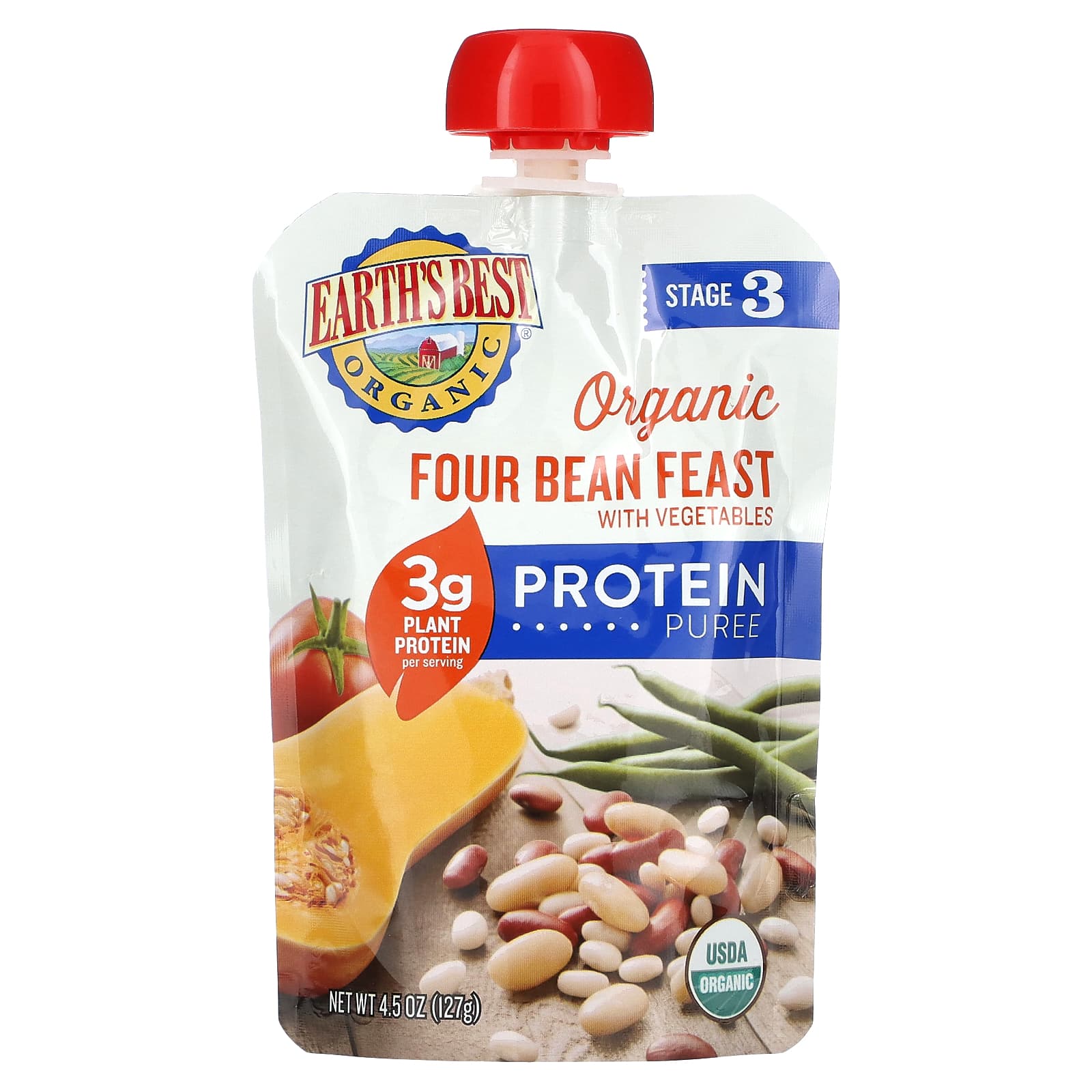 Earth's Best-Organic Protein Puree-2+ Years-Four Bean Feast with Vegetables-4.5 oz (127 g)