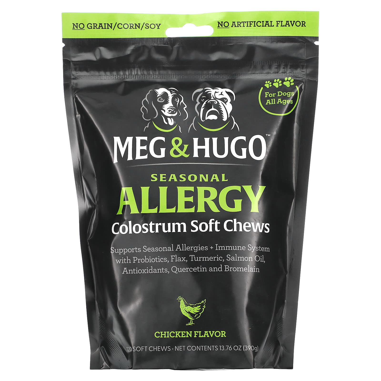 Meg & Hugo-Seasonal Allergy-Colostrum Soft Chews-For Dogs-All Ages-Chicken-120 Soft Chews-13.76 oz (390 g)